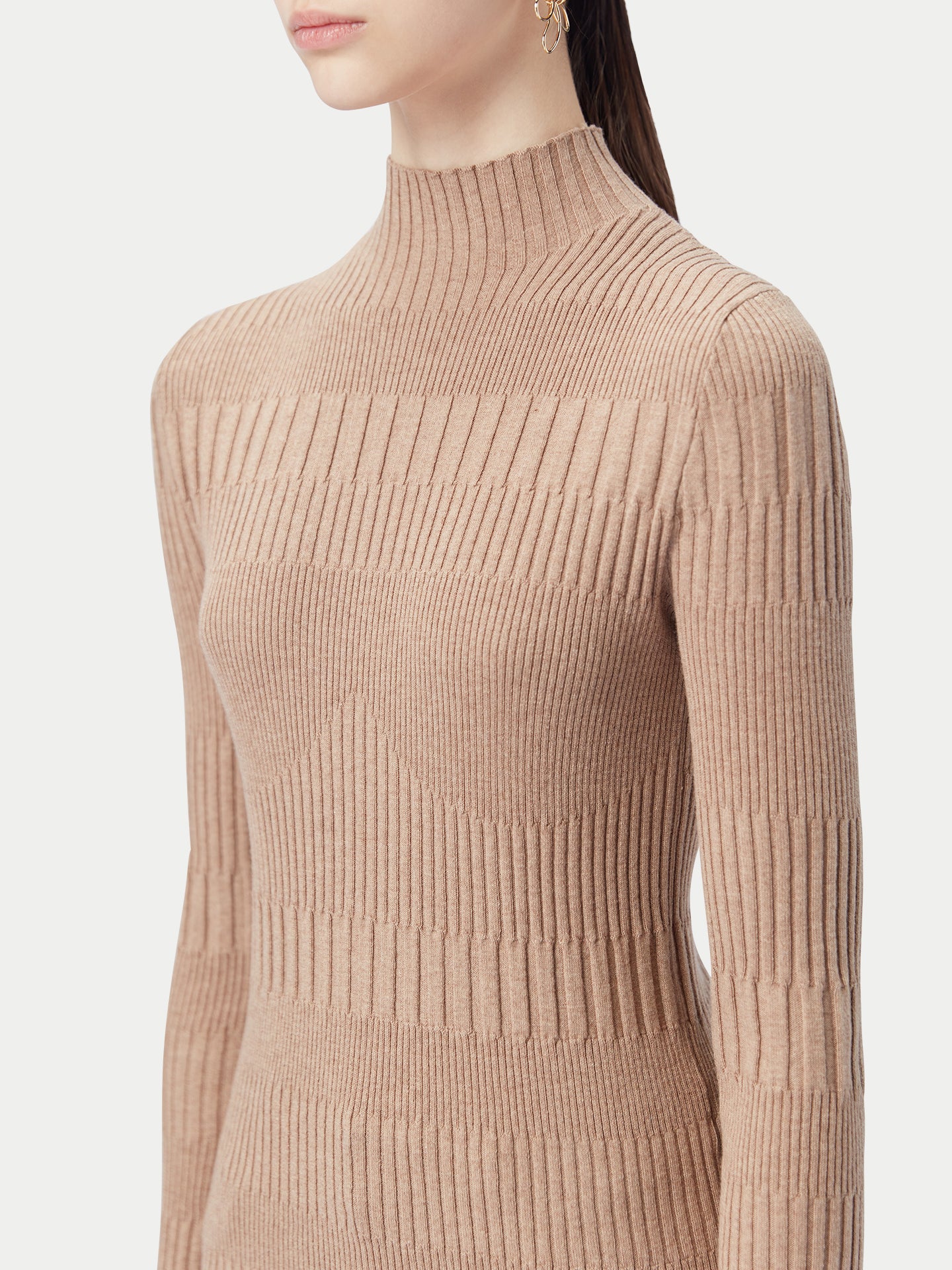 Women's High-neck Ribbed Cotton Silk Cashmere Blend Sweater Timber Wolf - Gobi Cashmere
