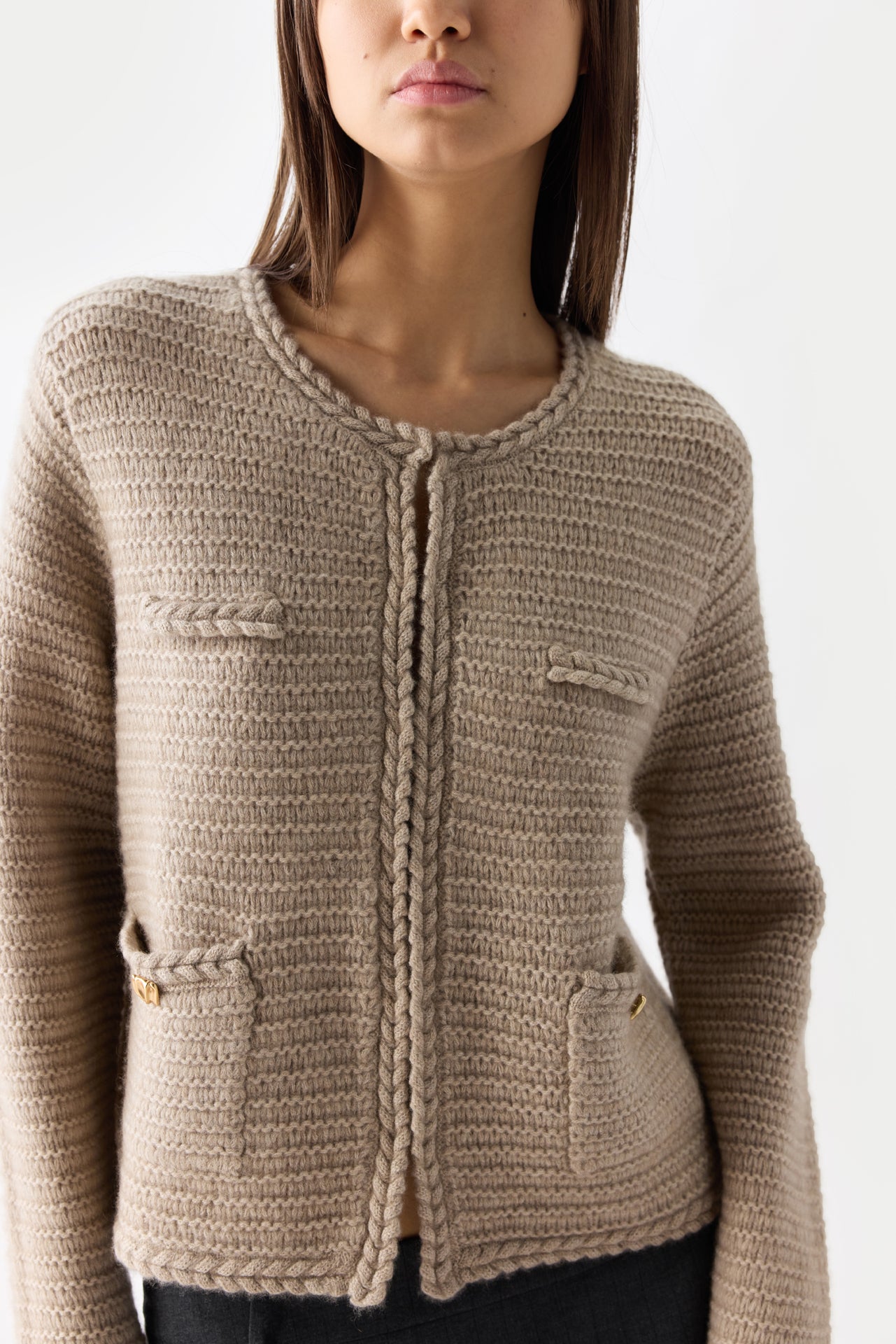 Organic Colour Textured Knit Cashmere Jacket-Style Cardigan
