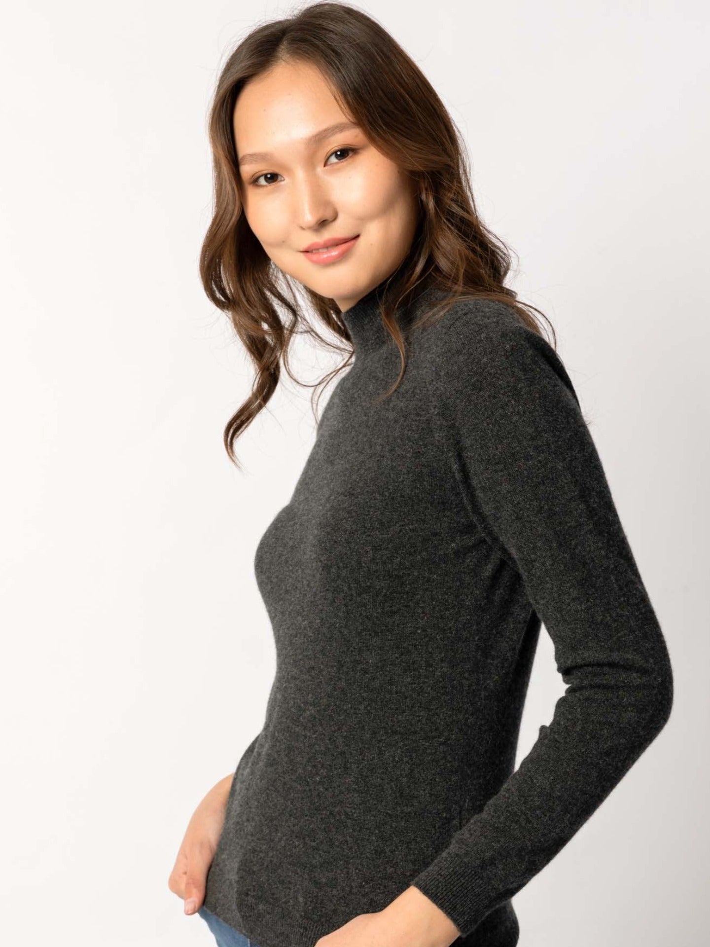 Women's Cashmere Stand-Up Collar Sweater Charcoal - Gobi Cashmere