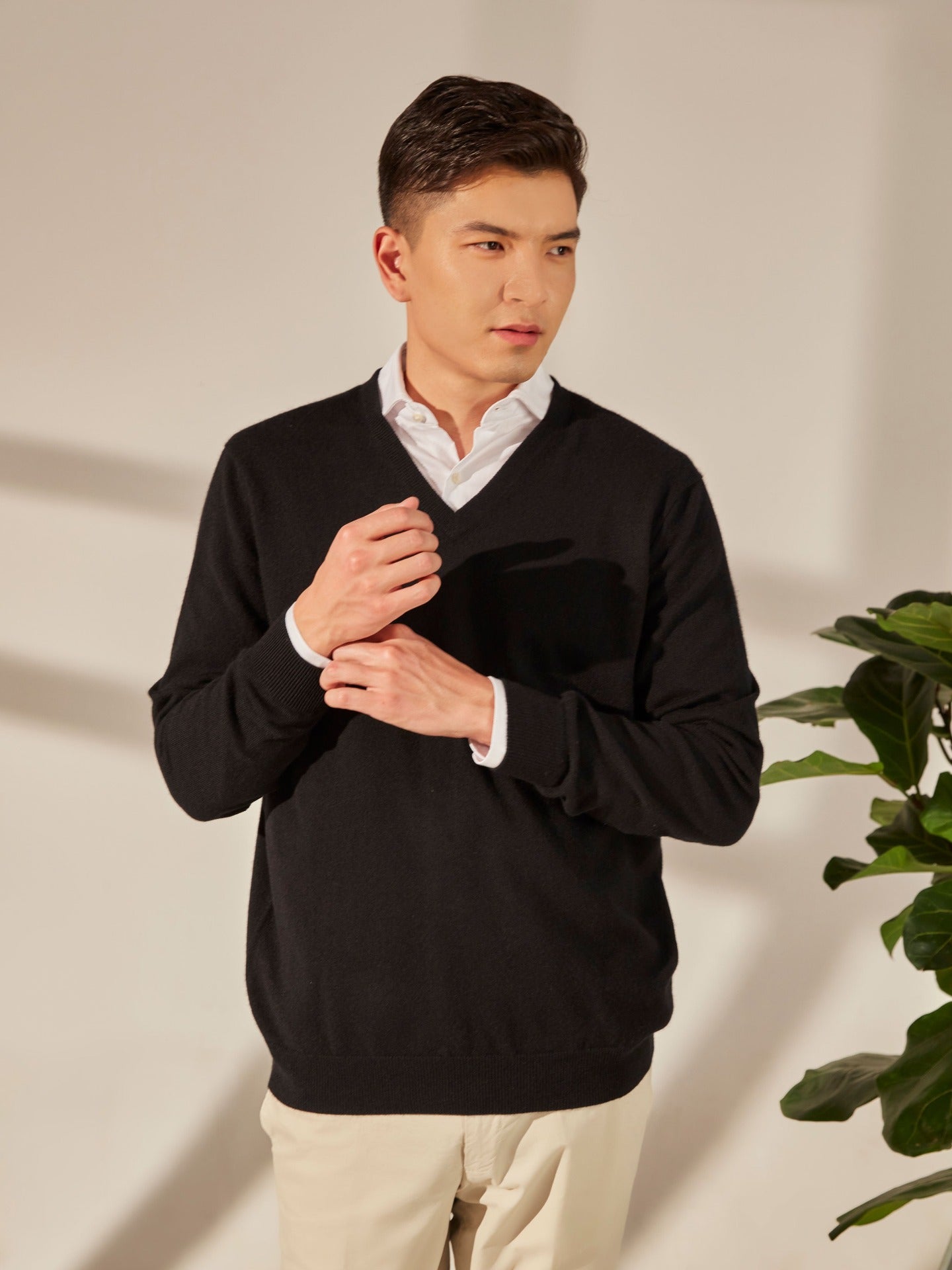Men's Cashmere Basic V-Neck Sweater Black - Gobi Cashmere