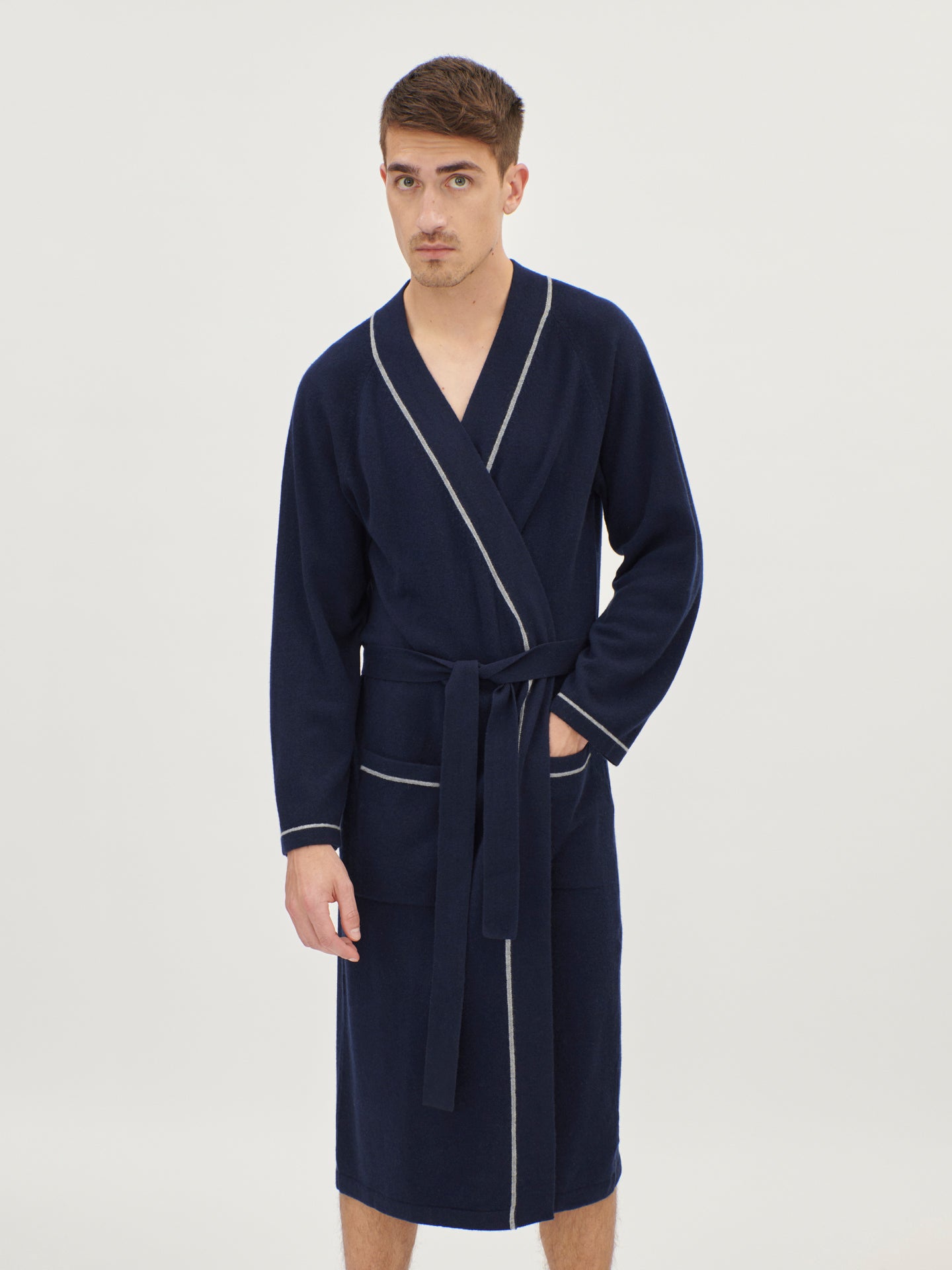 Men's Cashmere ContrastTripped Bathrobe Navy Gobi Cashmere Gobi