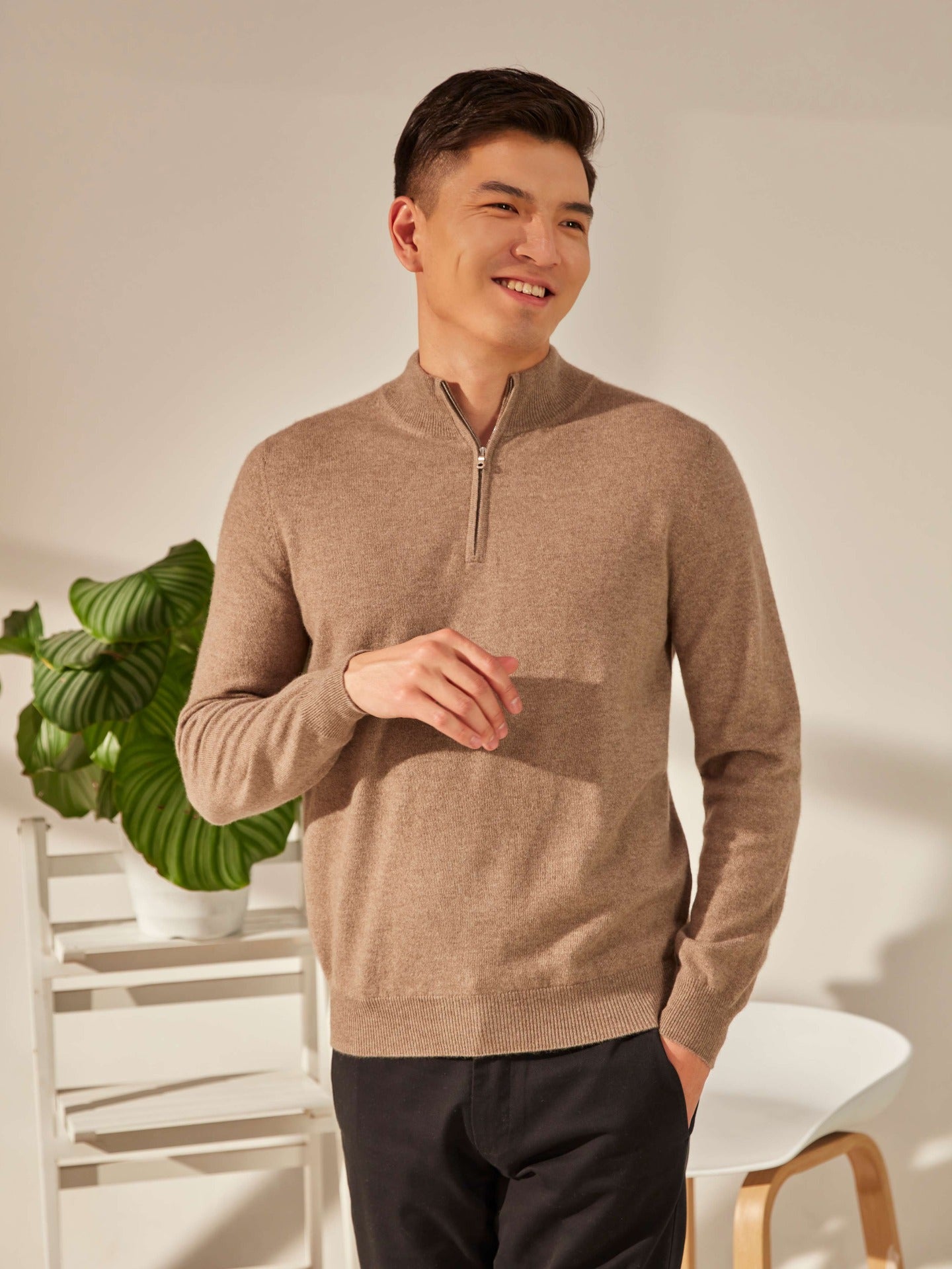 Men's Cashmere Half Zip Sweater Taupe - Gobi Cashmere
