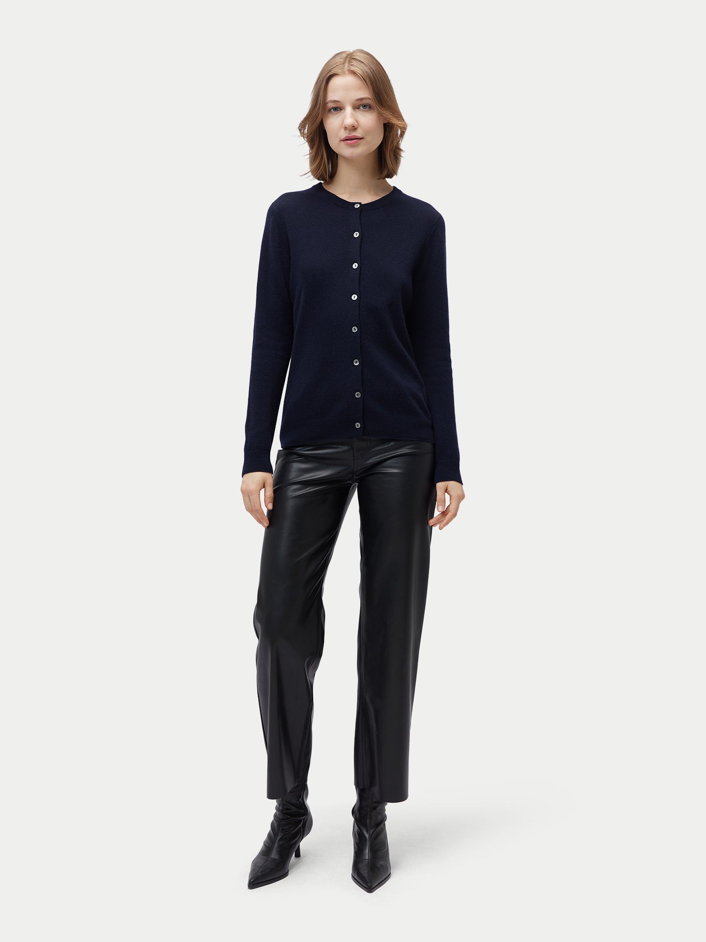 Women's Pure Cashmere Crew Neck Cardigan Navy Blazer | Gobi Cashmere