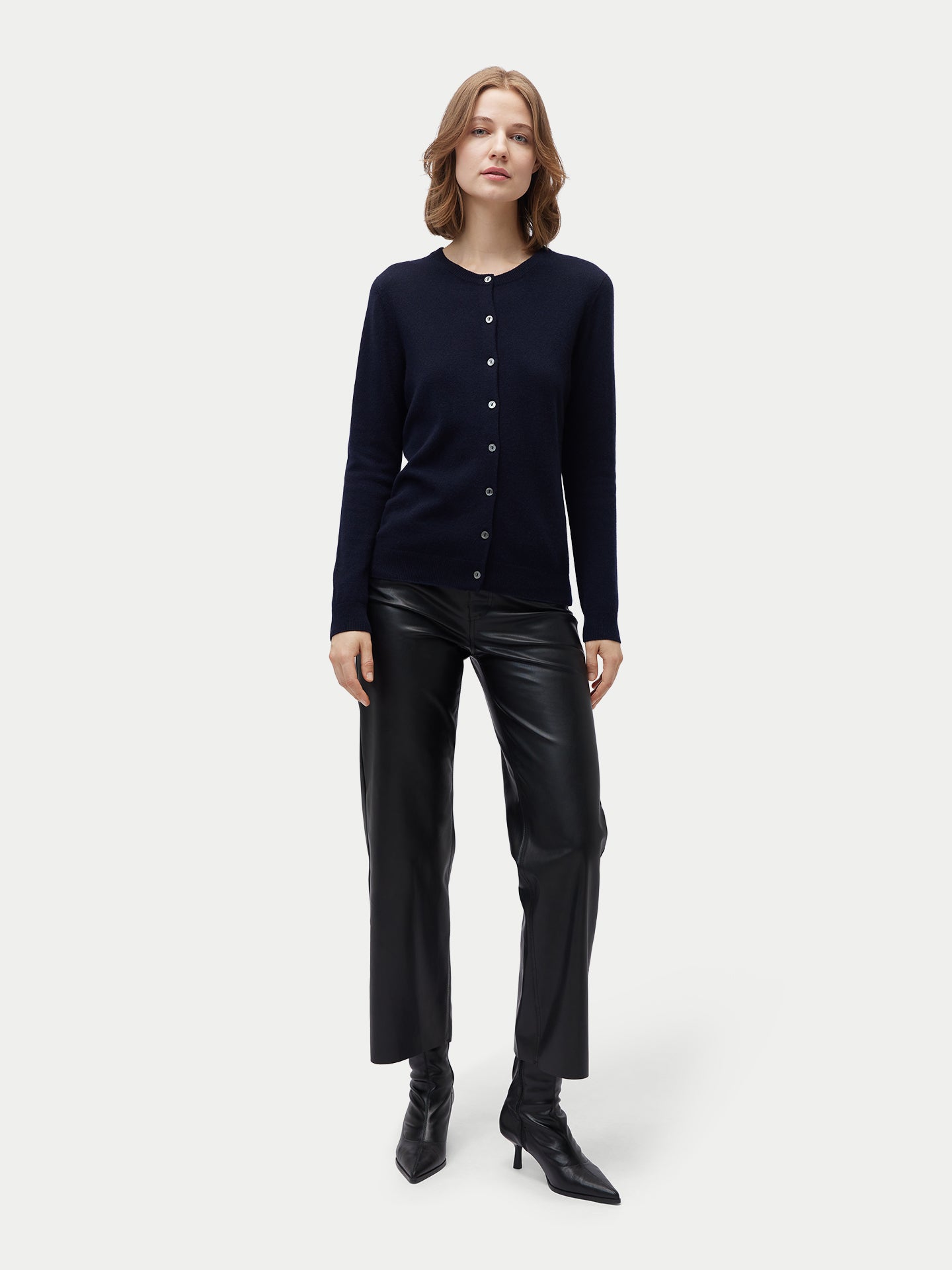 Women's Pure Cashmere Crew Neck Cardigan Navy Blazer | Gobi Cashmere