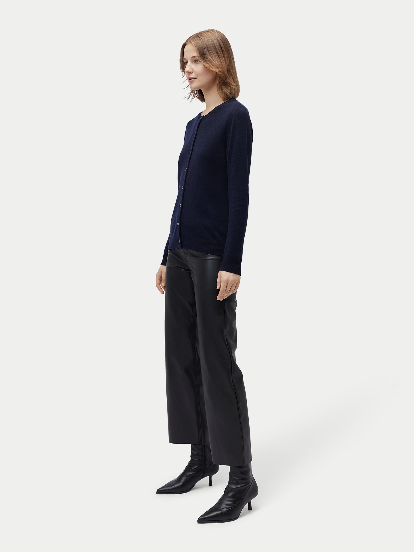 Women's Pure Cashmere Crew Neck Cardigan Navy Blazer | Gobi Cashmere