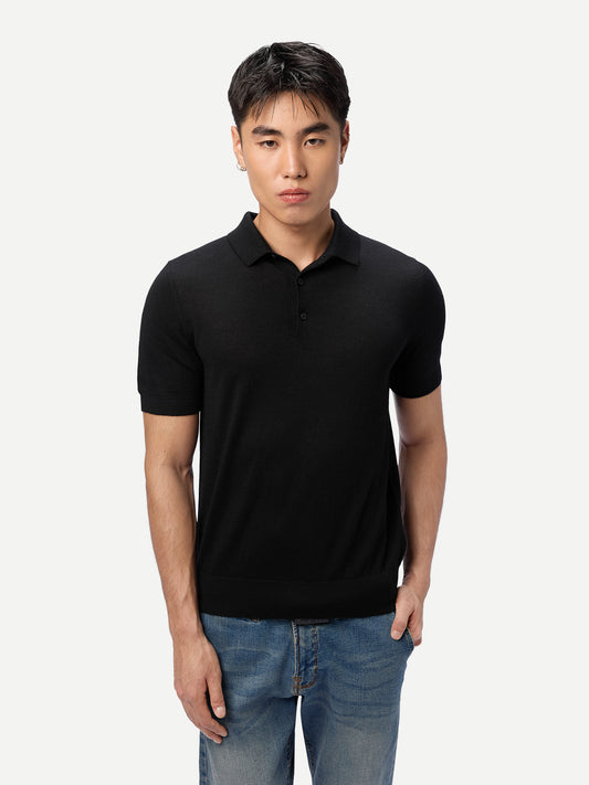 Men Classic Polo Shirt with Short Sleeve Black - Gobi Cashmere