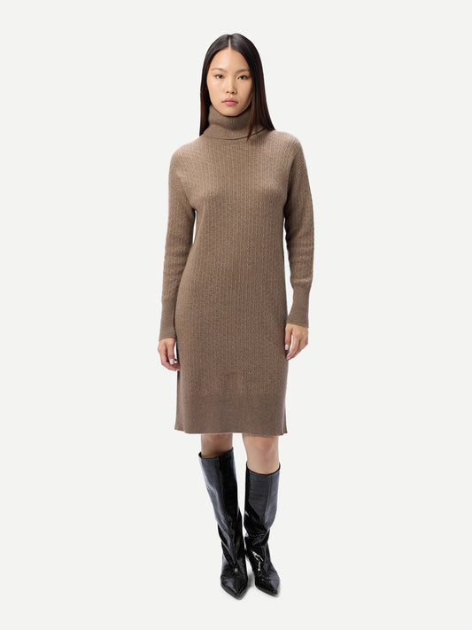 Organic Colour Seamless Turtleneck Cashmere Dress Taupe - Gobi Cashmere