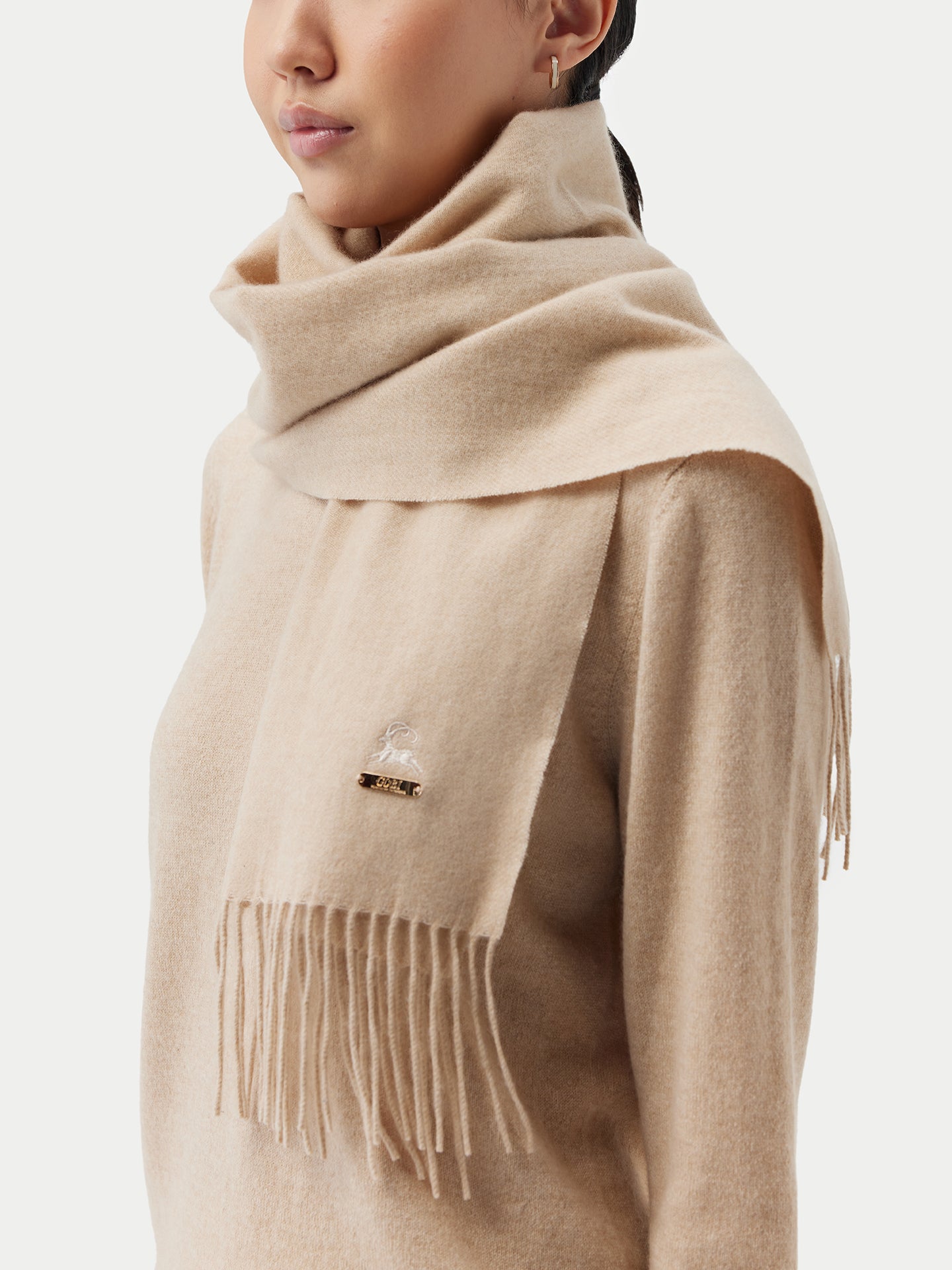 Unisex Organic Cashmere Fringed Scarf with Embroidery Beige - Gobi Cashmere