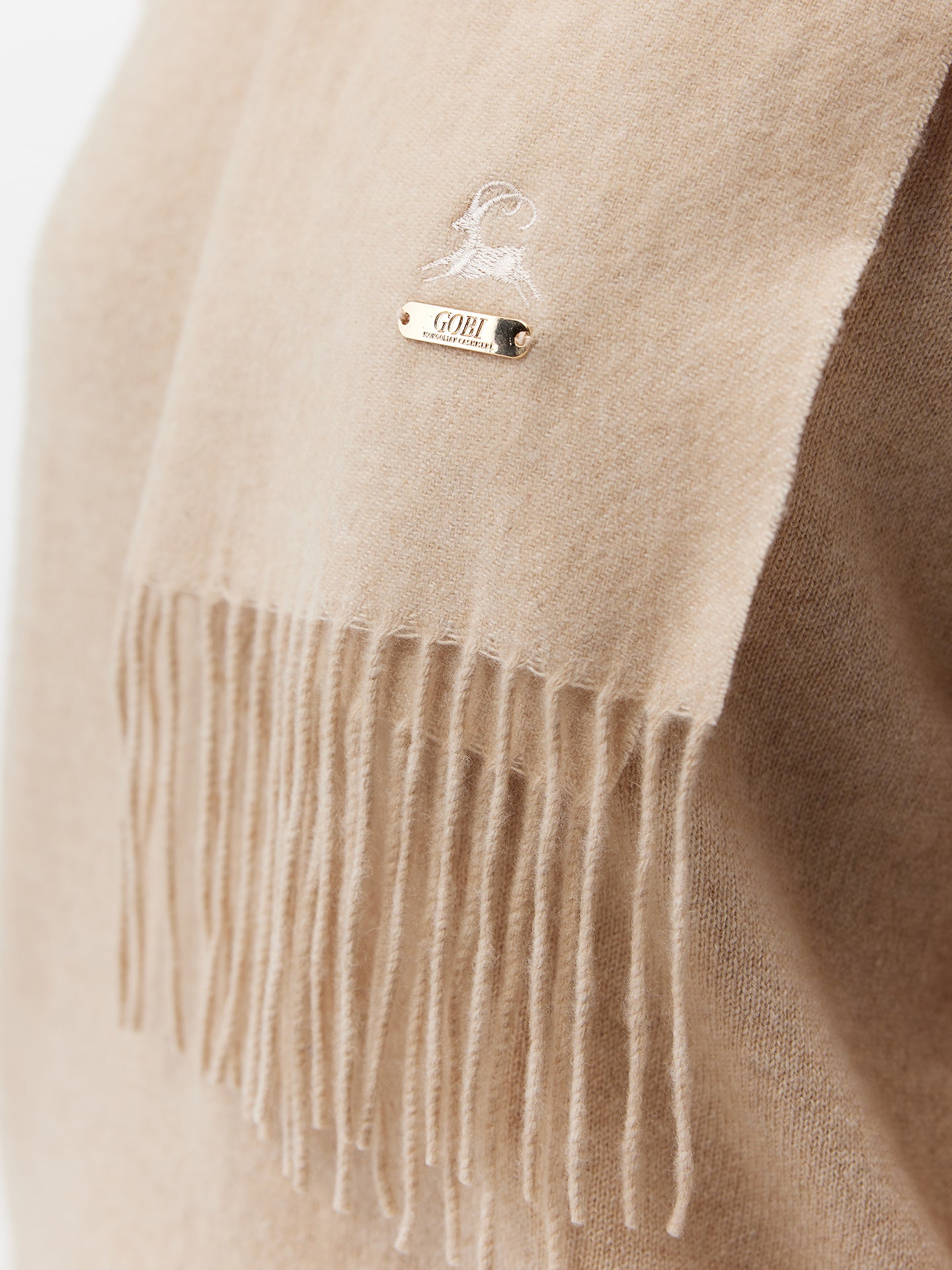 Unisex Organic Cashmere Fringed Scarf with Embroidery Beige - Gobi Cashmere