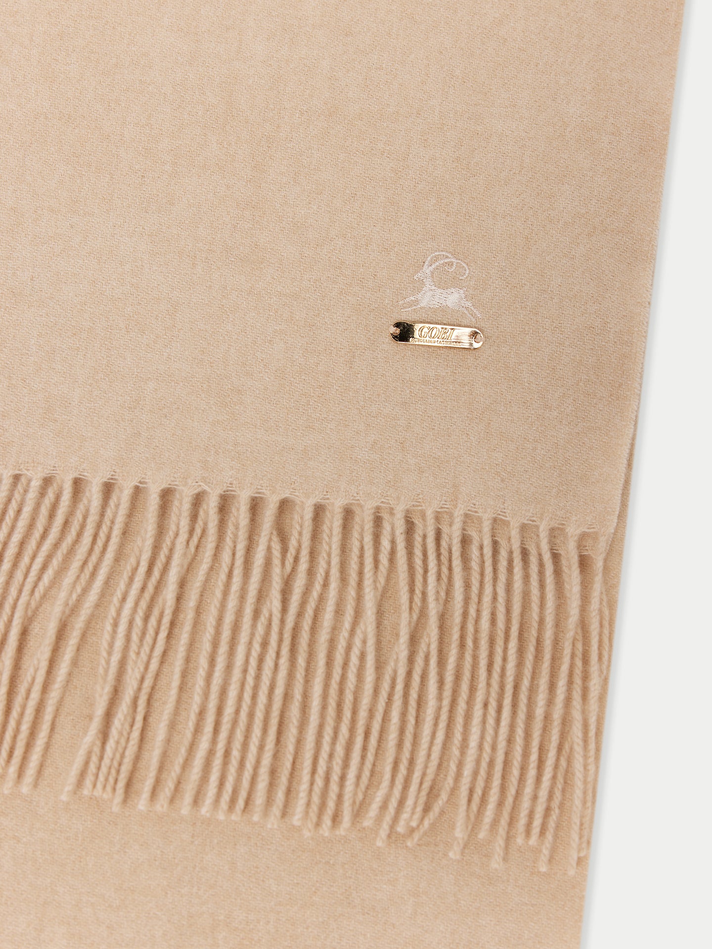 Unisex Organic Cashmere Fringed Scarf with Embroidery Beige - Gobi Cashmere