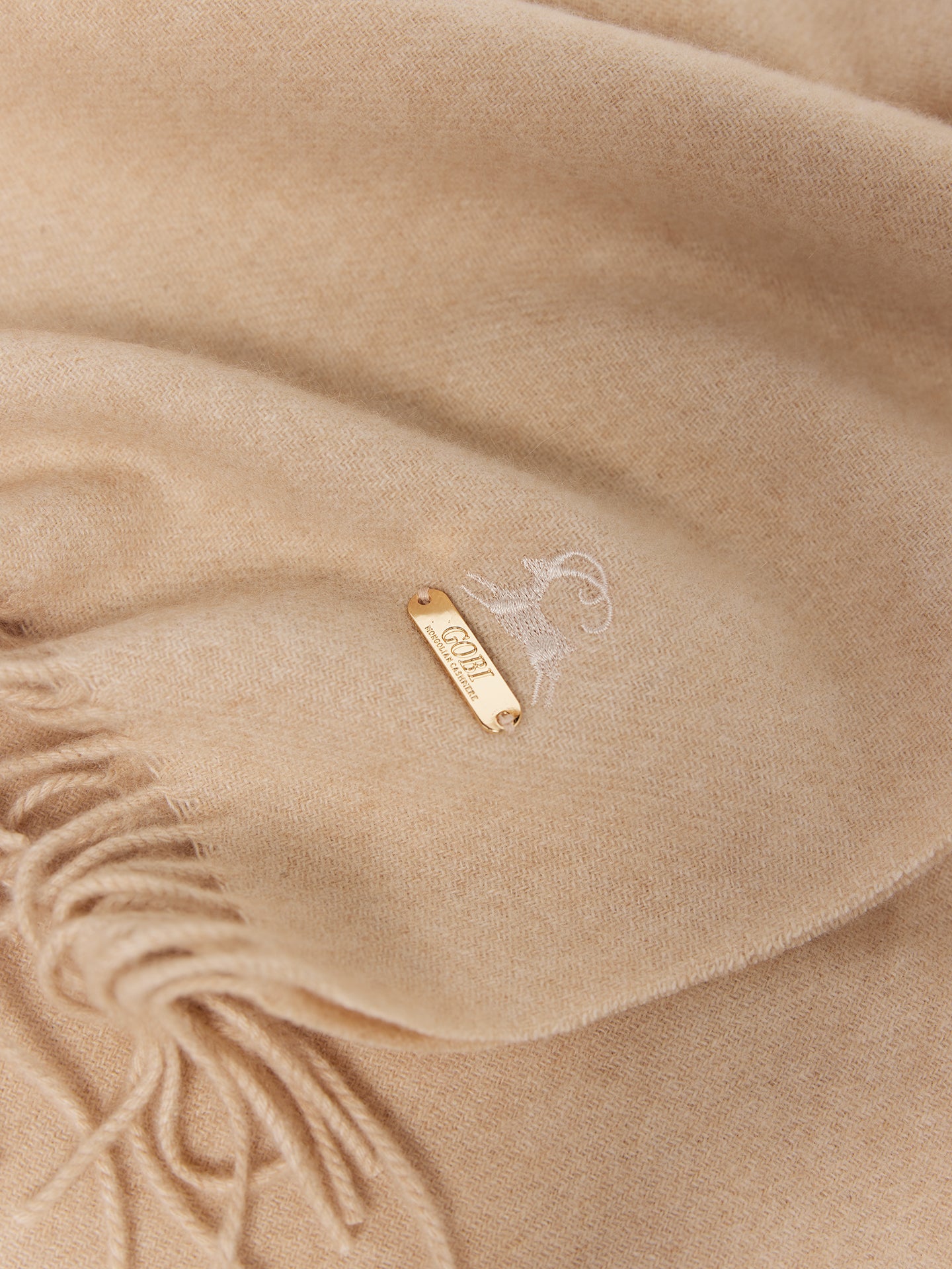 Unisex Organic Cashmere Fringed Scarf with Embroidery Beige - Gobi Cashmere