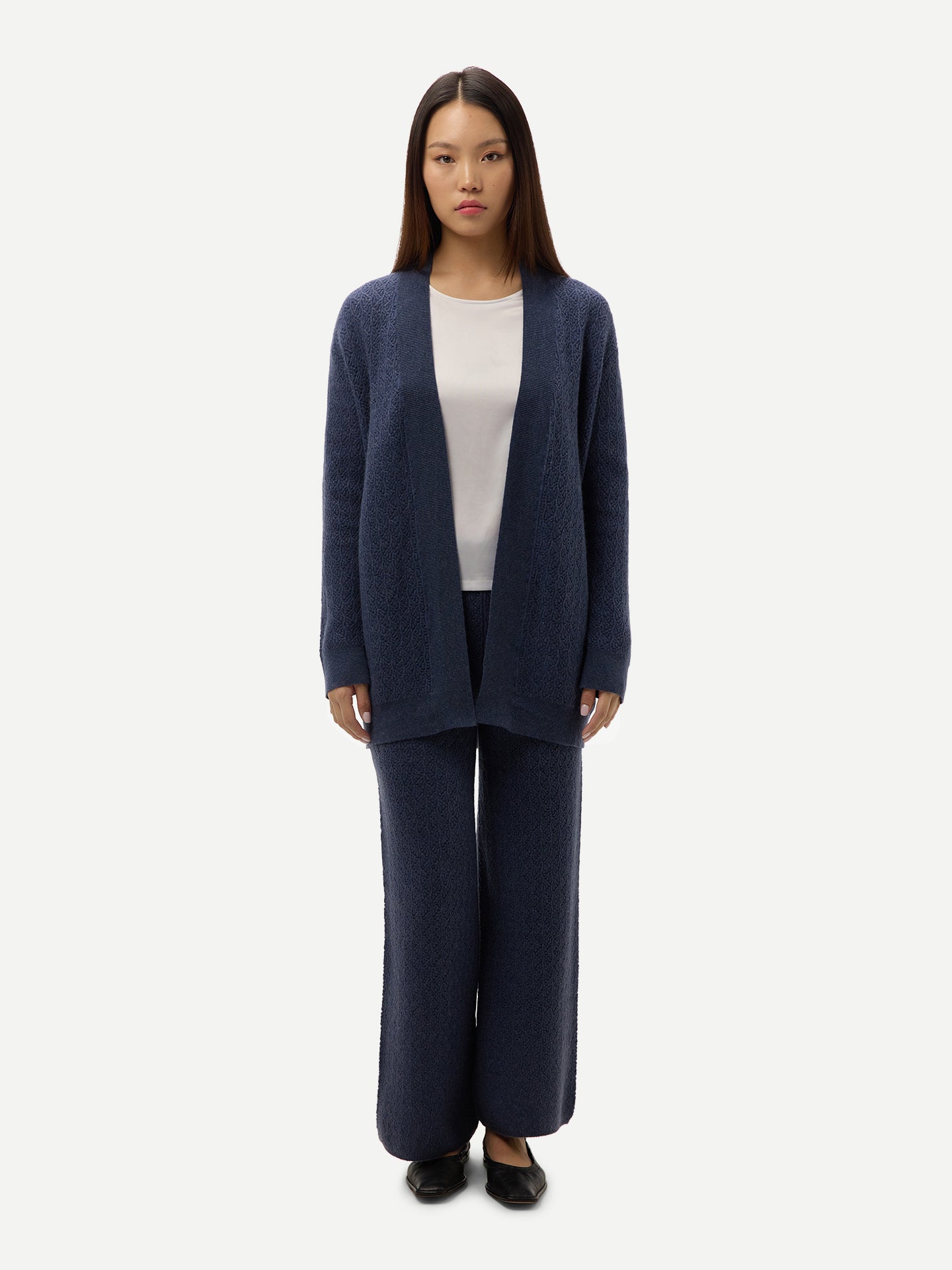 Ajour Knit Open-Front Cashmere Cardigan Crown Blue - Gobi Cashmere