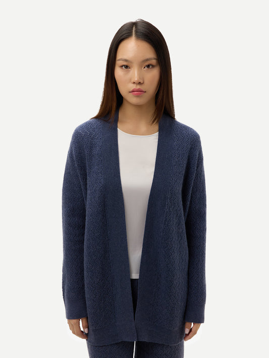 Ajour Knit Open-Front Cashmere Cardigan Crown Blue - Gobi Cashmere