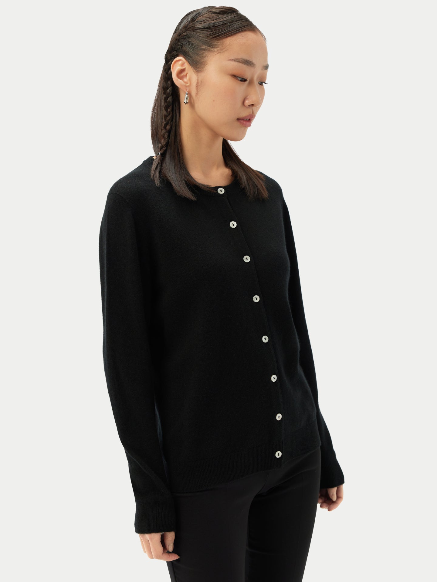 Women's Cashmere Crew Neck Cardigan Black - Gobi Cashmere