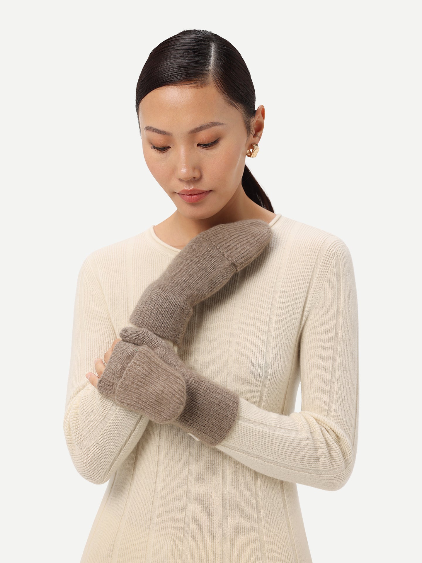 Women's Cashmere Fingerless Gloves with Flap Taupe - Gobi Cashmere