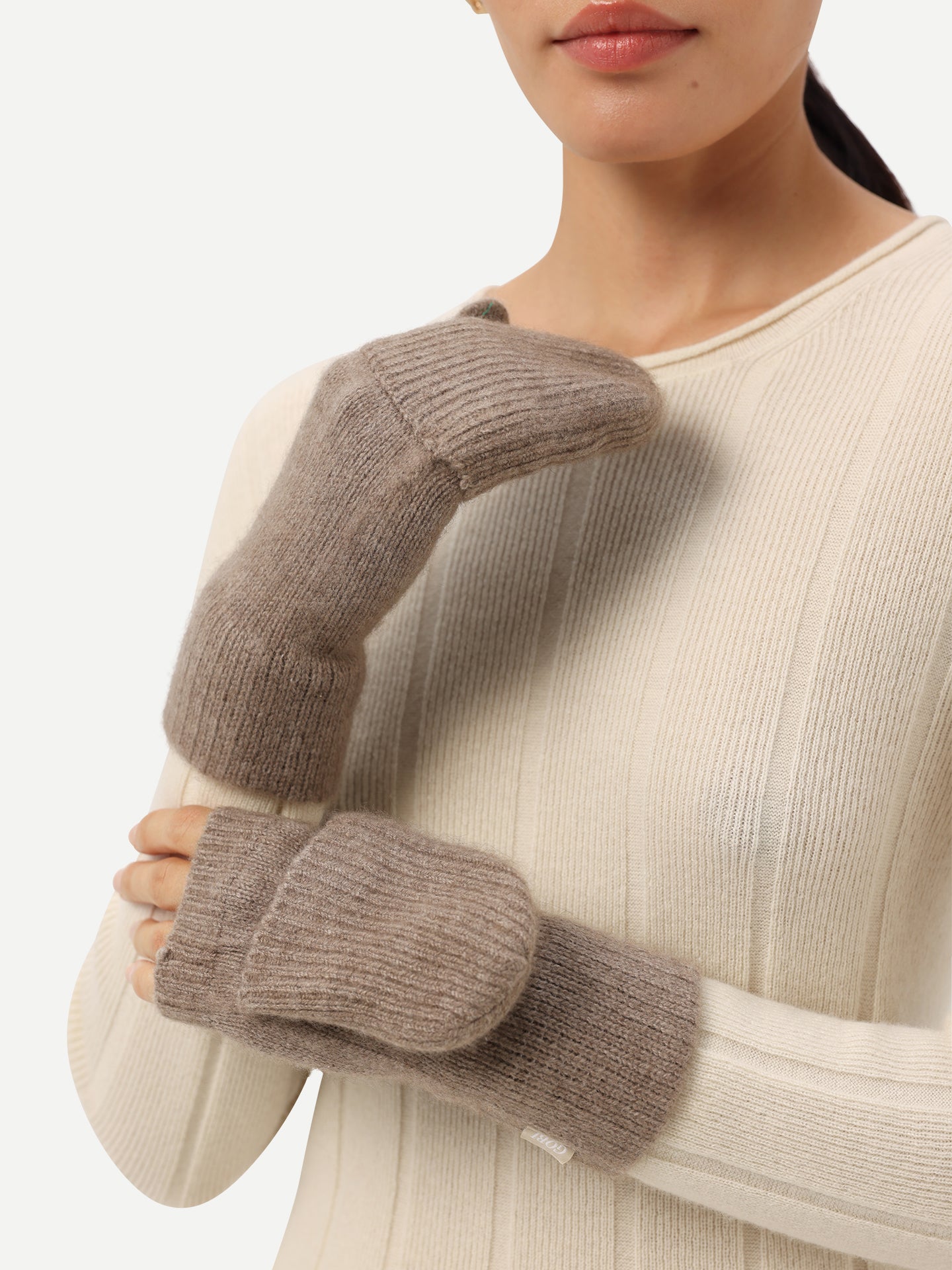 Women's Cashmere Fingerless Gloves with Flap Taupe - Gobi Cashmere