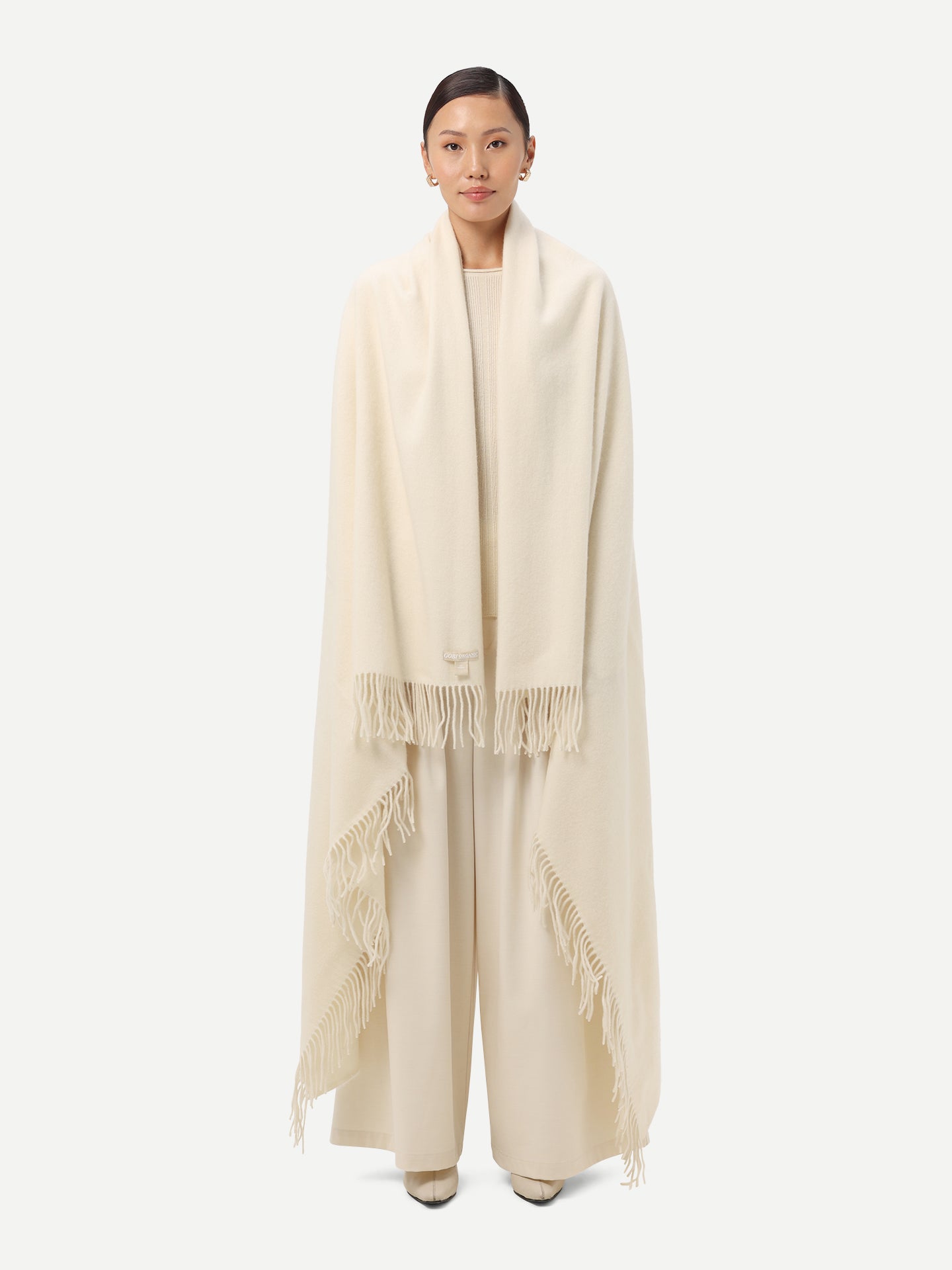 Unisex Organic Cashmere Large Blanket With Fringe Off White - Gobi Cashmere