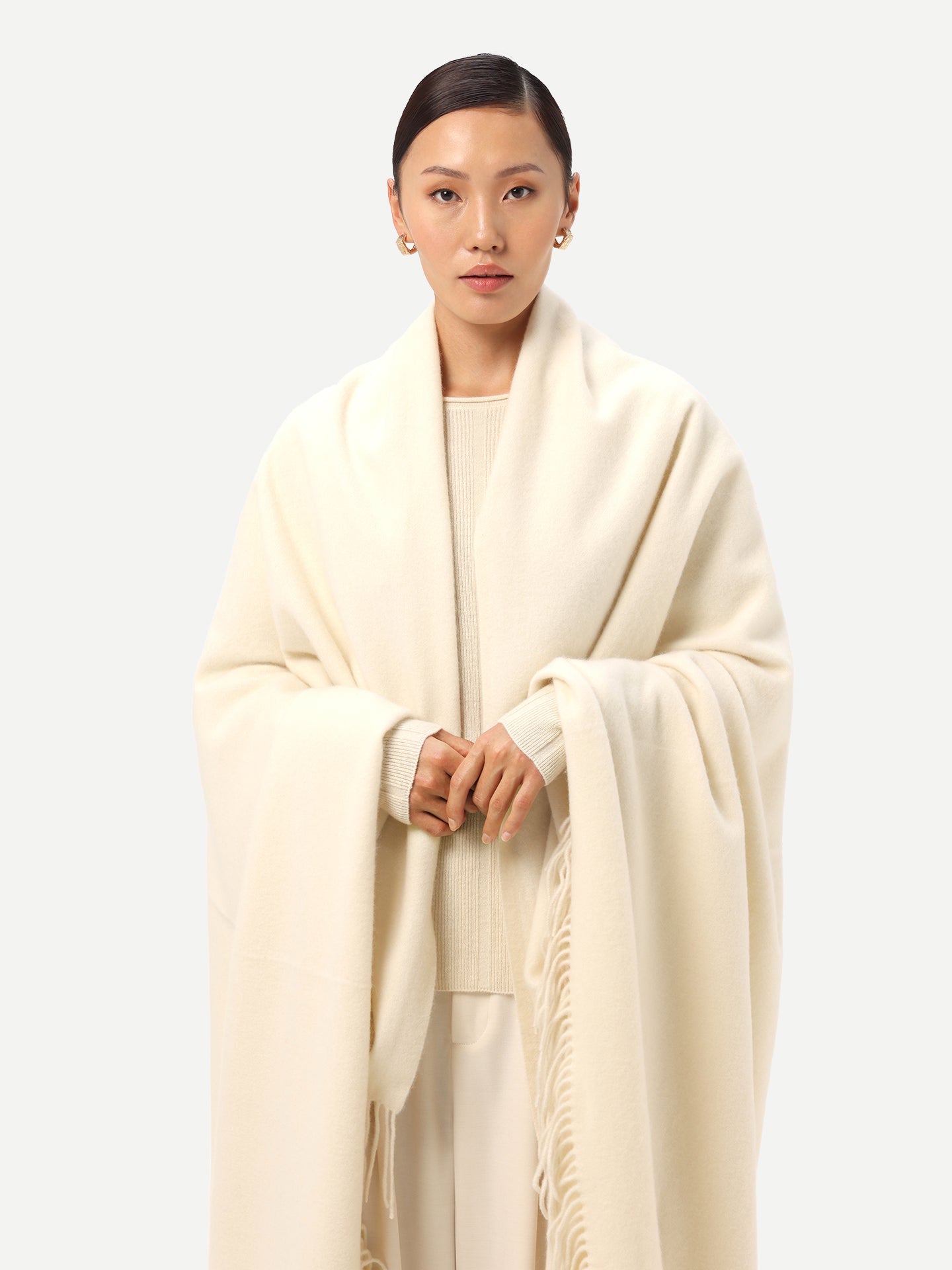 Unisex Organic Cashmere Large Blanket With Fringe Off White - Gobi Cashmere