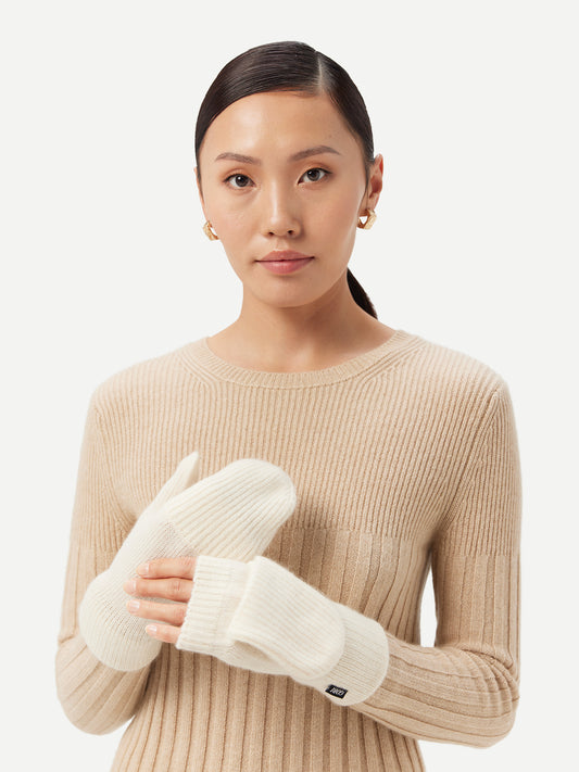 Women's Cashmere Fingerless Gloves with Flap White - Gobi Cashmere