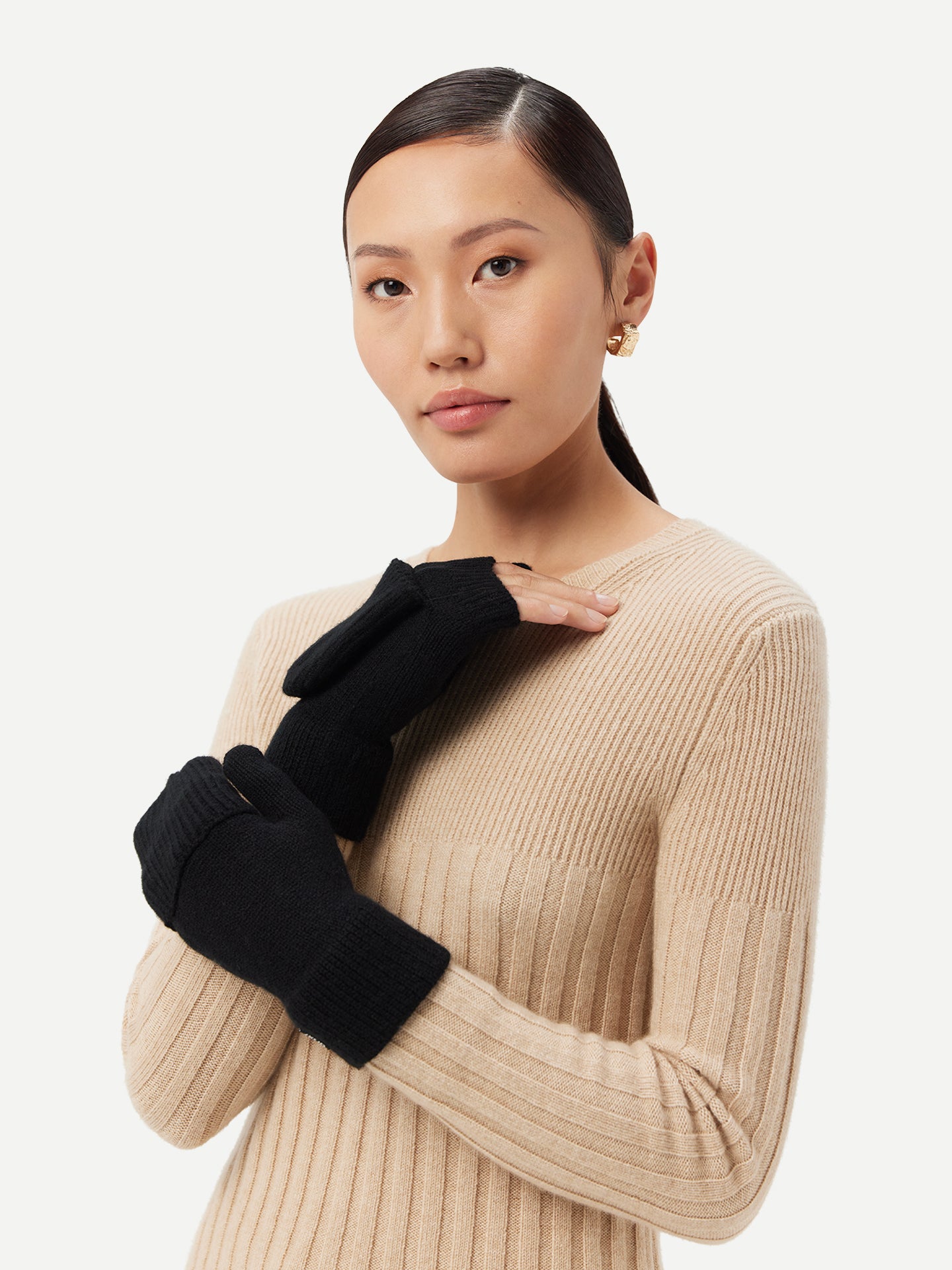 Women's Cashmere Fingerless Gloves with Flap Black - Gobi Cashmere