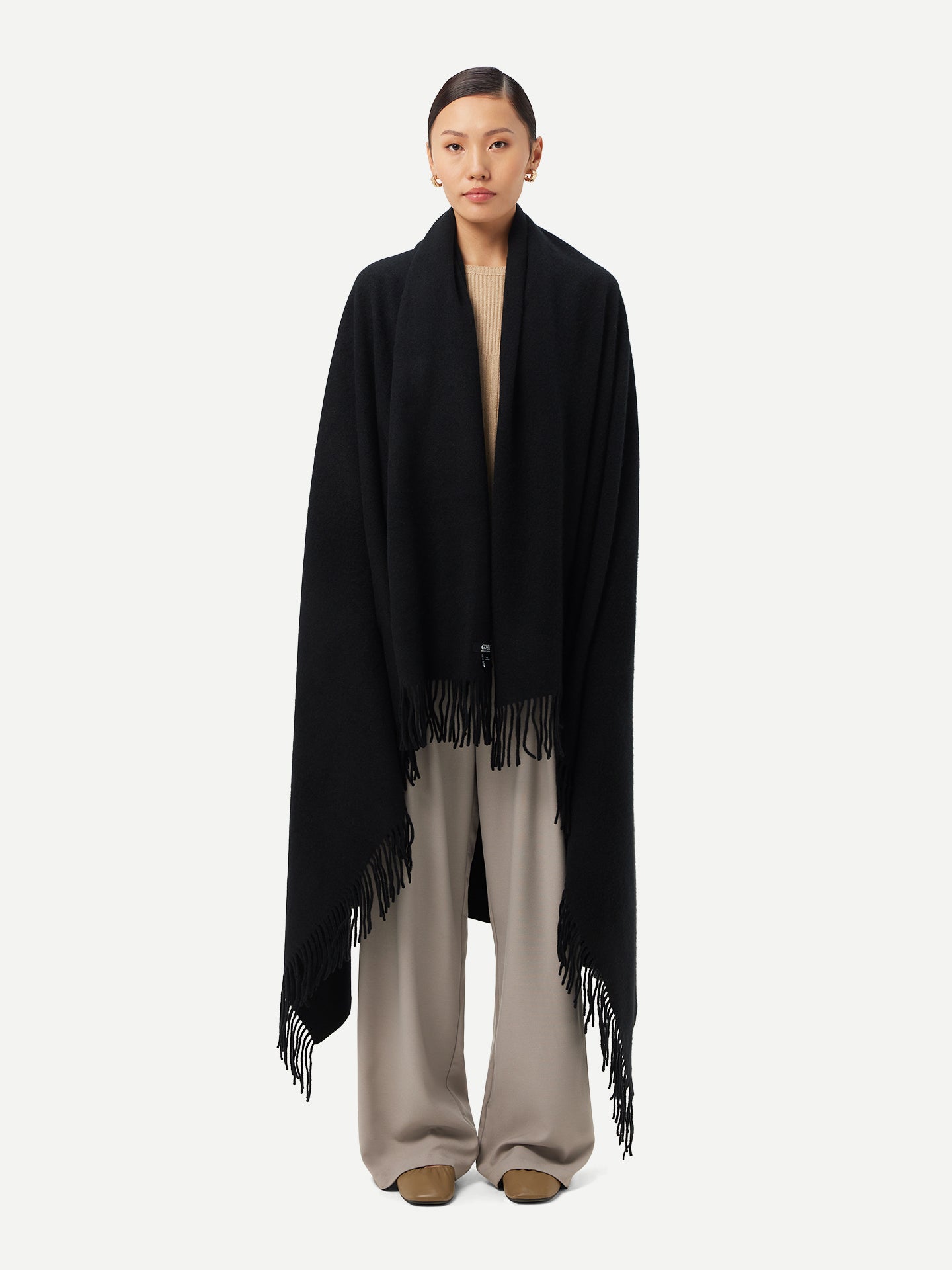 Unisex Cashmere Large Blanket With Fringe Black - Gobi Cashmere