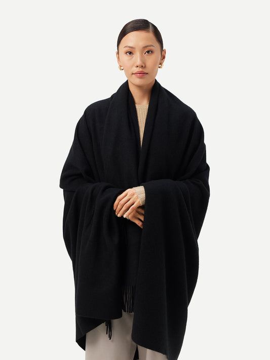 Unisex Cashmere Large Blanket With Fringe Black - Gobi Cashmere