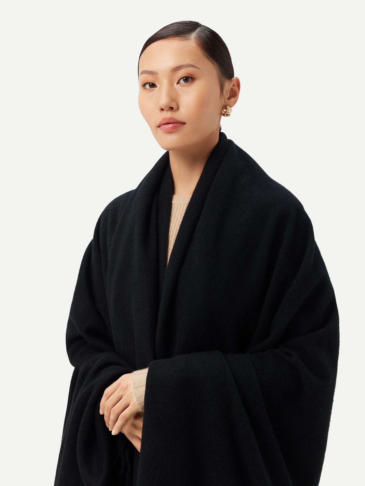 Unisex Cashmere Large Blanket With Fringe Black - Gobi Cashmere