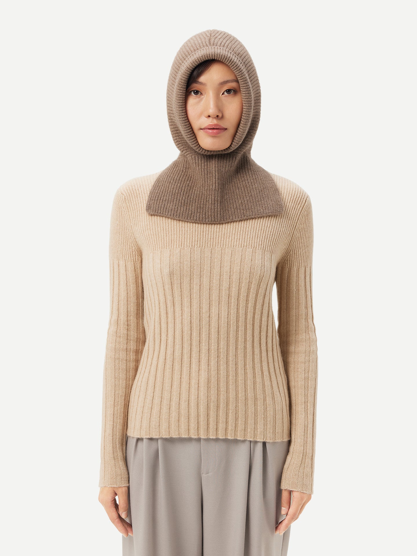 Women's Cashmere Cable-Knit Cashmere Hood Taupe - Gobi Cashmere