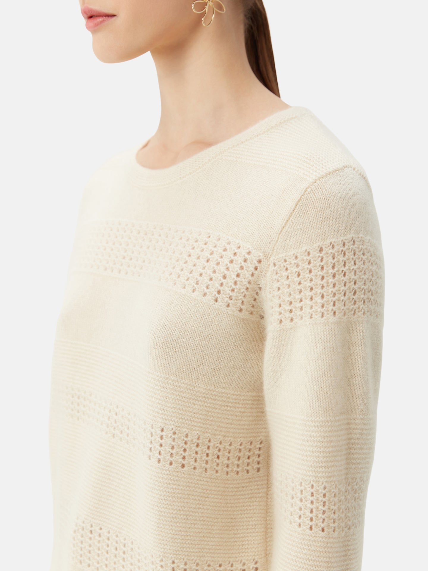 Women's Organic Colour Mixed Pattern Cashmere Crewneck Sweater Off White - Gobi Cashmere