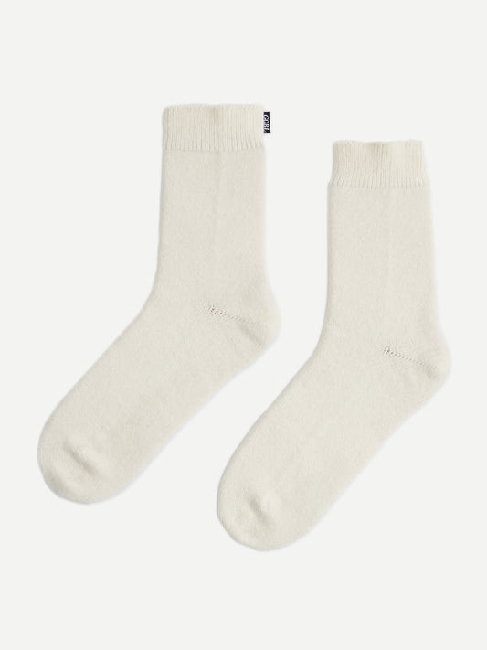 Unisex Cashmere Trim Knit Bed Socks White - Gobi Cashmere