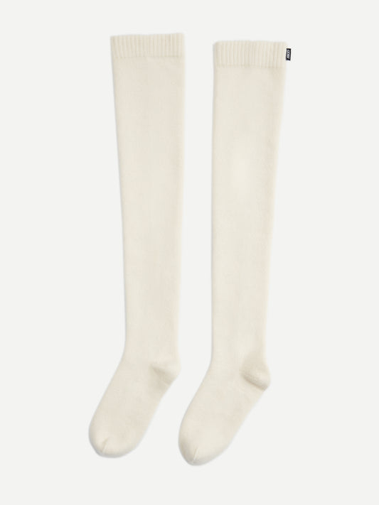 Women's Plain Knitted Long Socks White - Gobi Cashmere