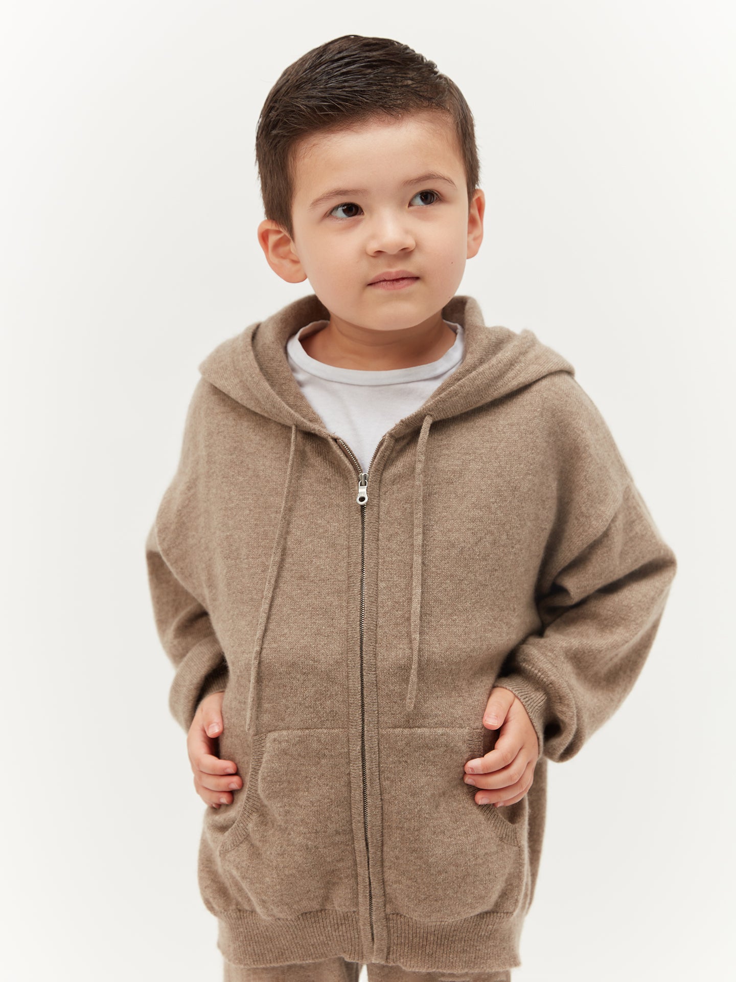 Kids Cashmere Hooded Cardigan Taupe - Gobi Cashmere