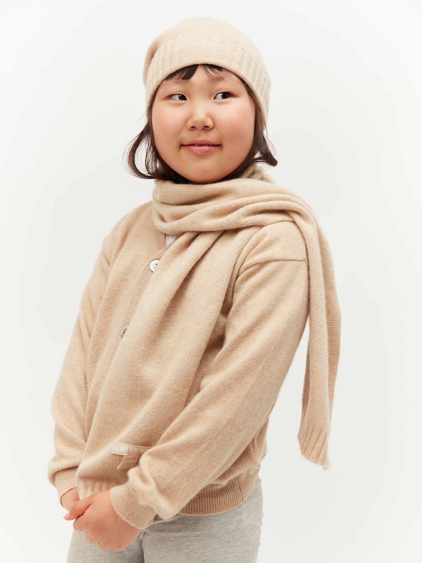 Kids Organic Cashmere Knitted Scarf Beige - Gobi Cashmere