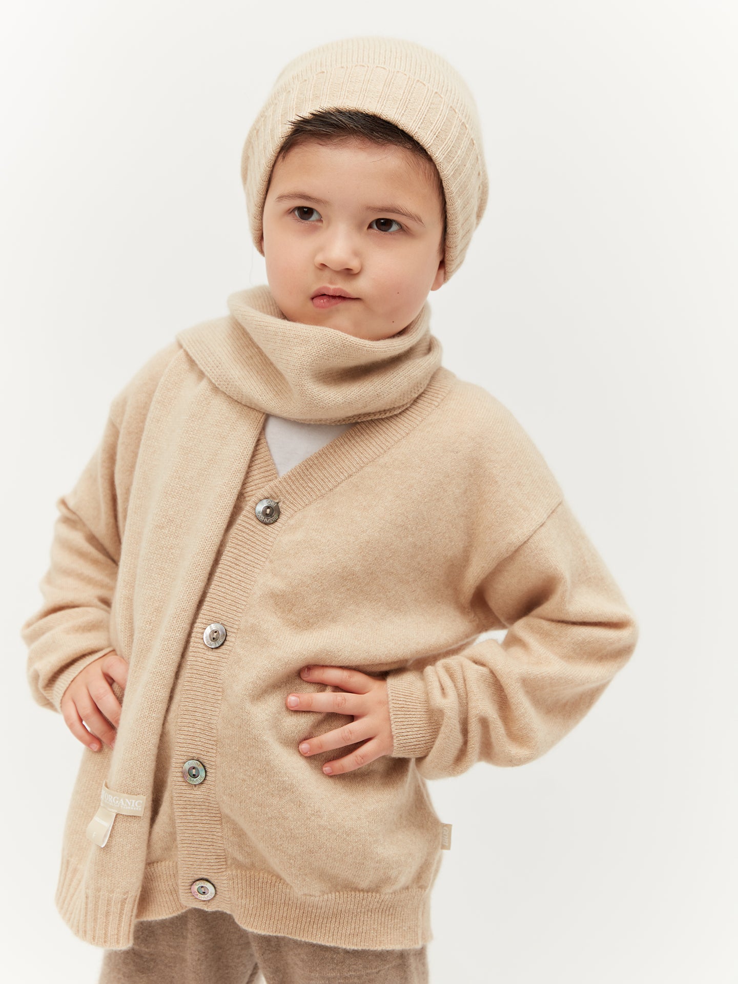 Kids Organic Cashmere Knitted Scarf Beige - Gobi Cashmere