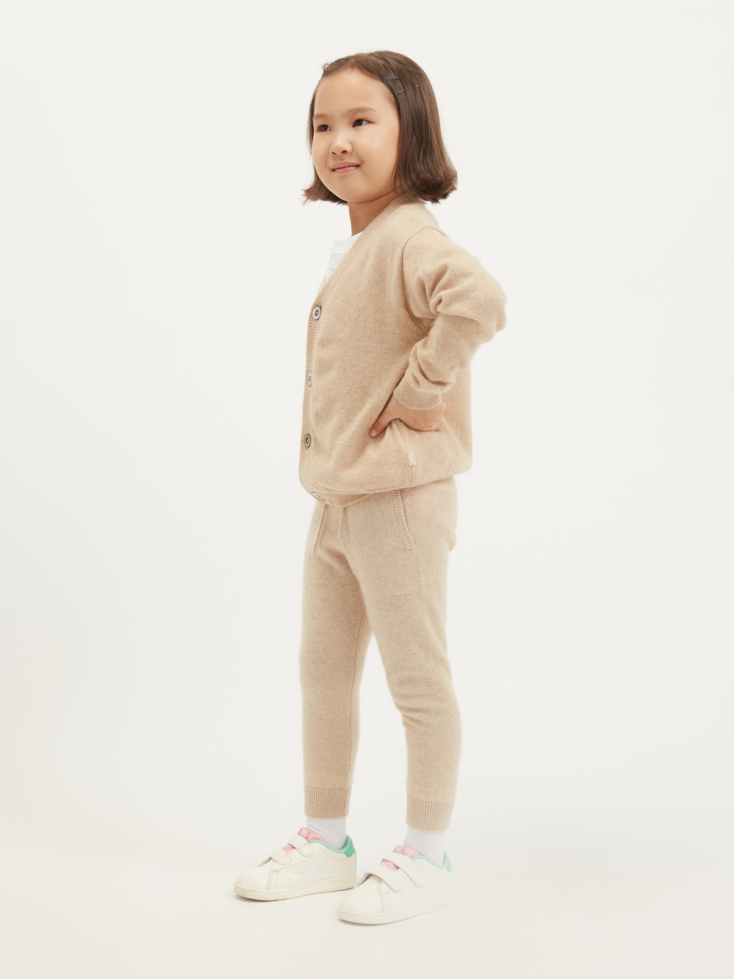 Kids Cashmere V-neck Cardigan Beige - Gobi Cashmere