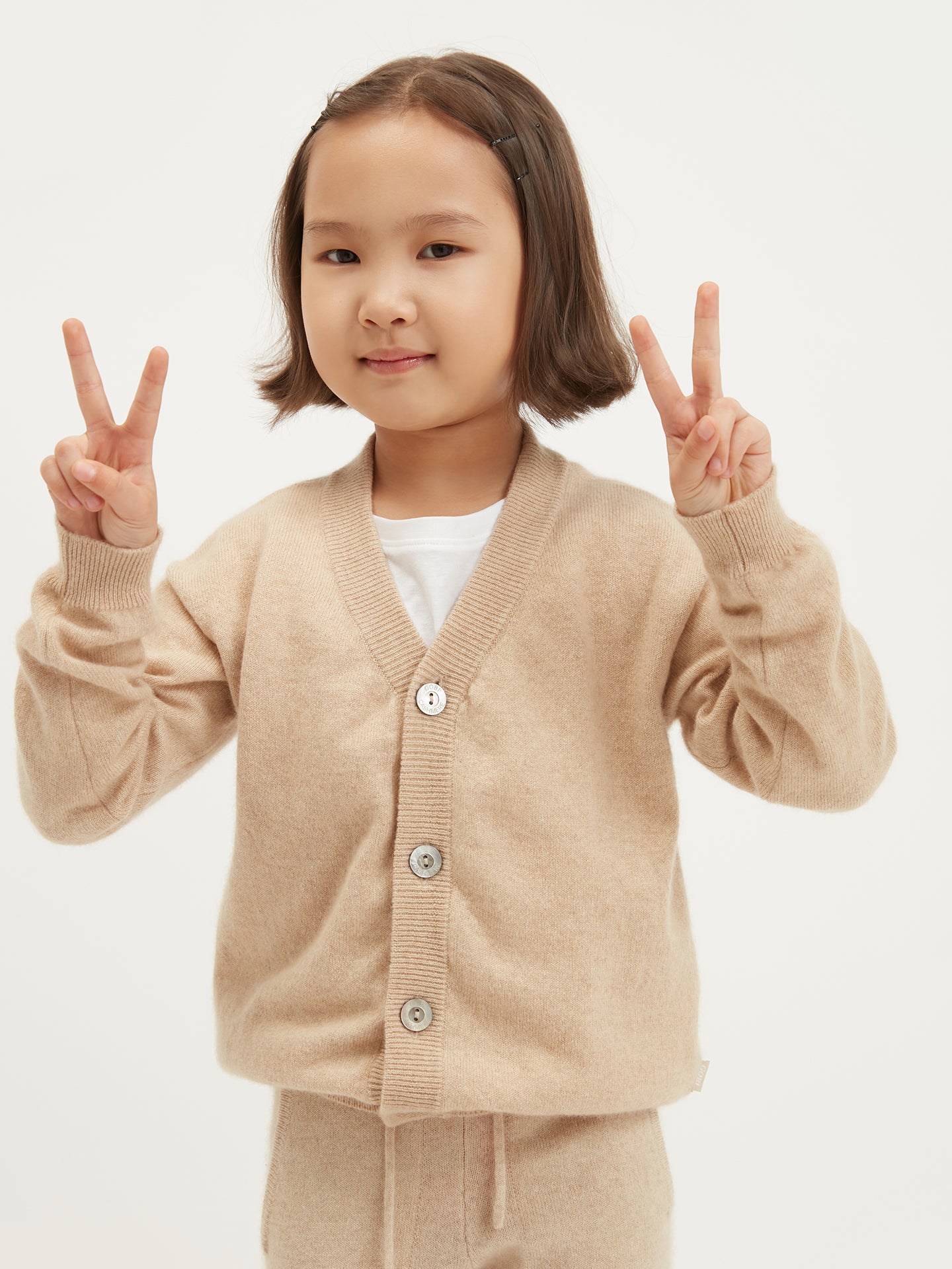 Kids Cashmere V-neck Cardigan Beige - Gobi Cashmere