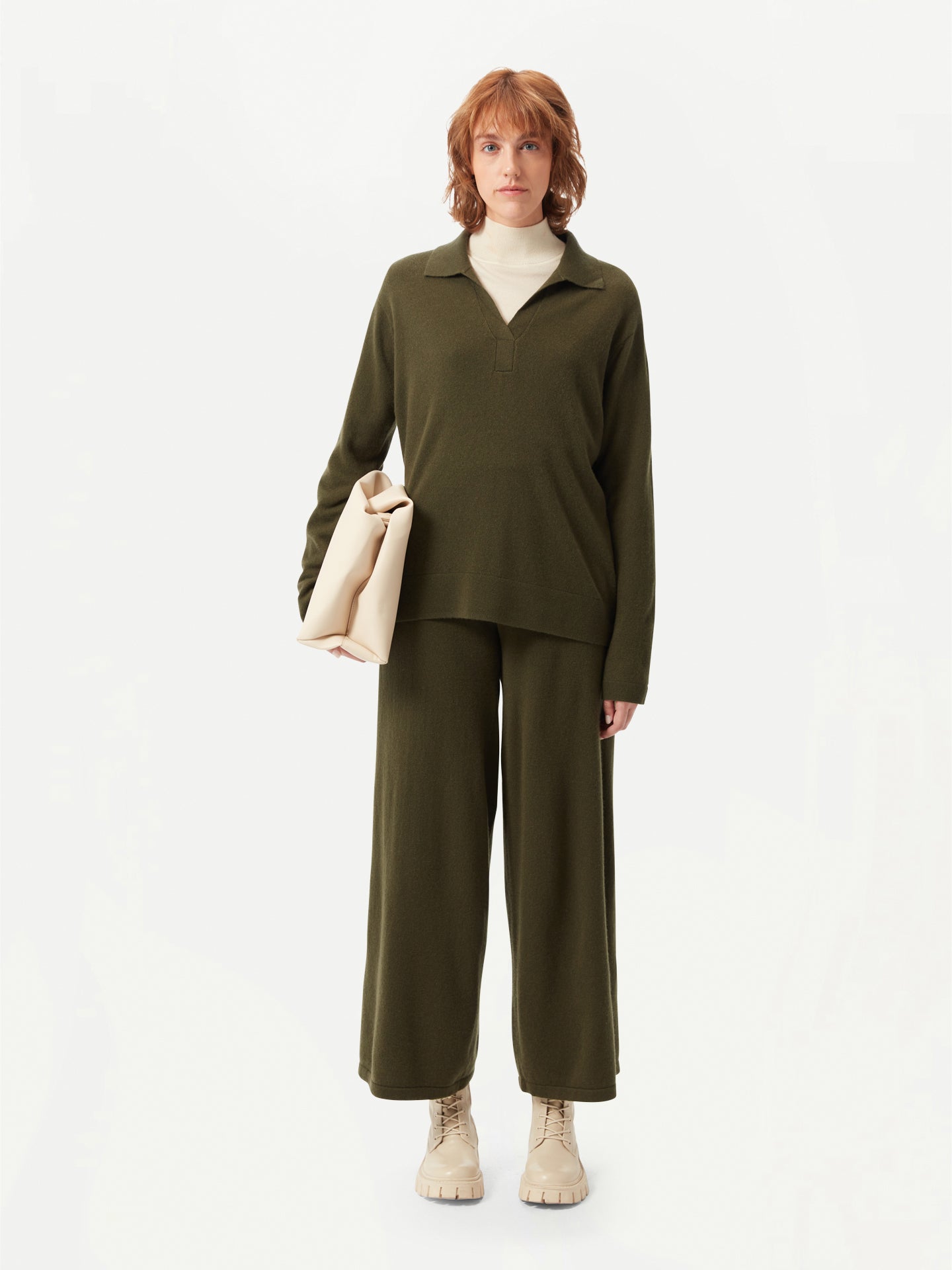 Women's Cashmere Long-Sleeve Polo Capulet Olive - Gobi Cashmere