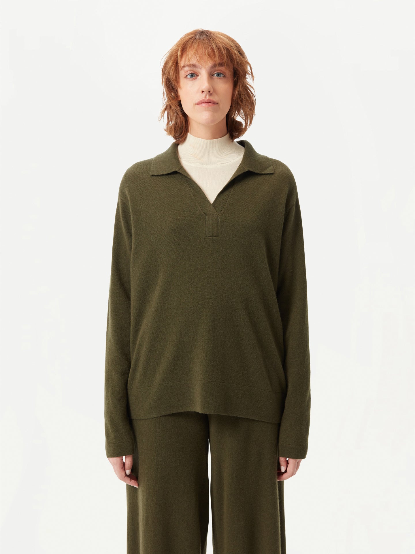 Women's Cashmere Long-Sleeve Polo Capulet Olive - Gobi Cashmere