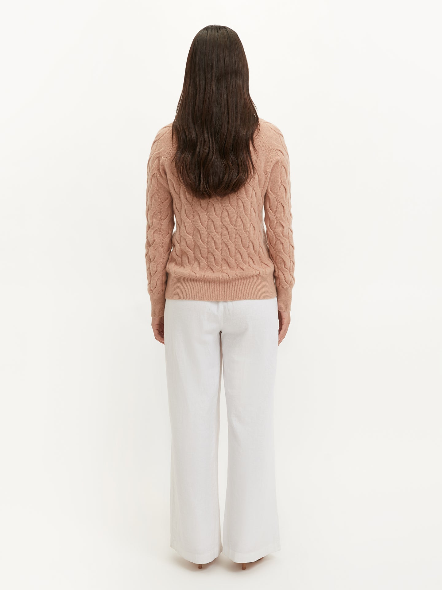 Women's Cashmere Cable Knit Round Neck Toasted Almond - Gobi Cashmere