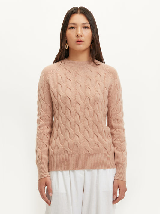 Women's Cashmere Cable Knit Round Neck Toasted Almond - Gobi Cashmere