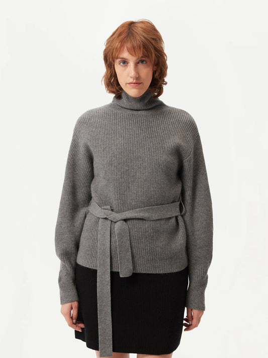 Women's Belted Cashmere Turtleneck Dim Gray- Gobi Cashmere