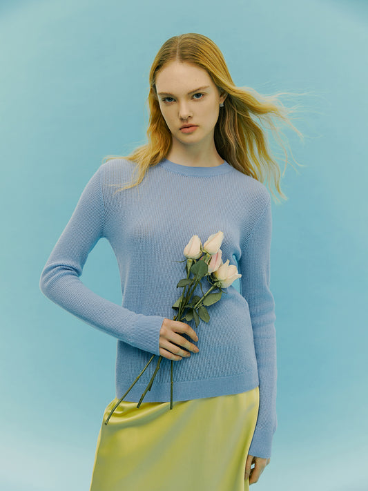 Women's Ajour-Knit Cashmere Crewneck Sweater Della Robbia Blue - Gobi Cashmere