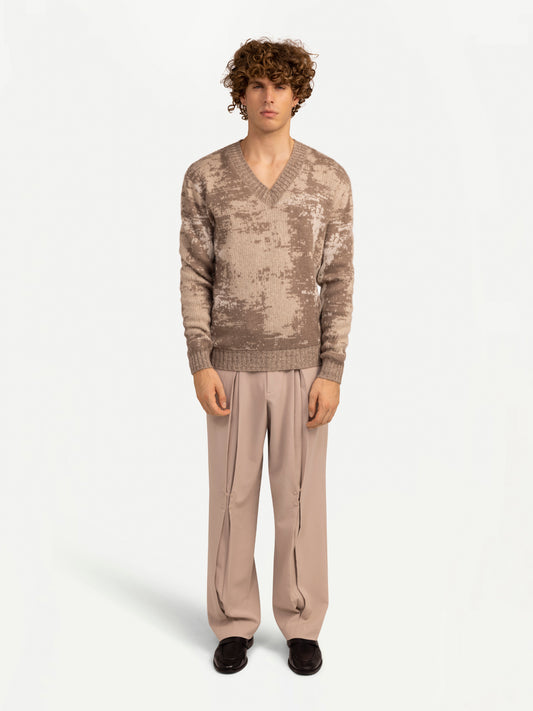 Men's Organic Cashmere Jacquard V-Neck Sweater Taupe - Gobi Cashmere