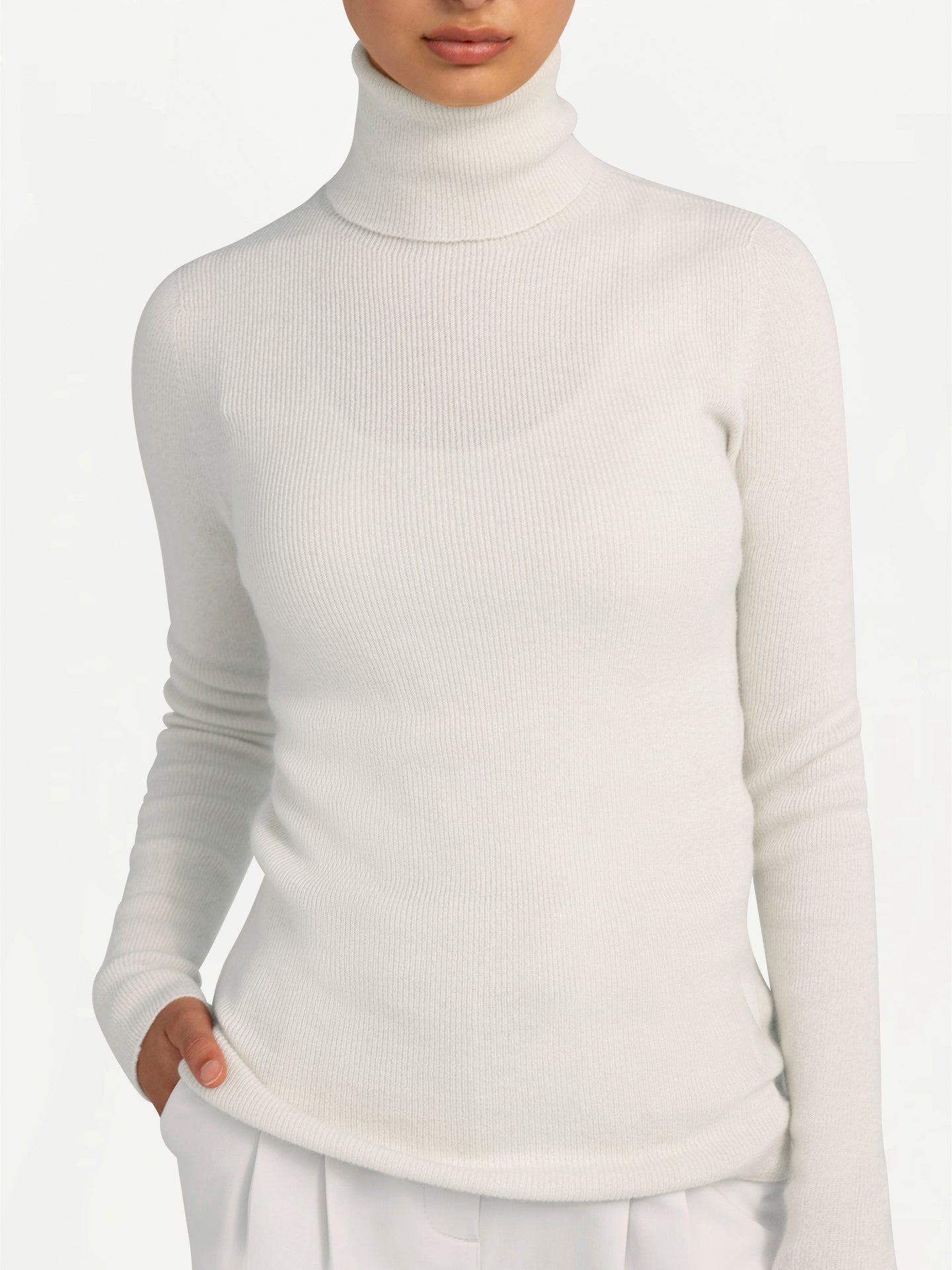 Women's Organic Cashmere Fitted Cashmere Turtleneck Off White - Gobi Cashmere