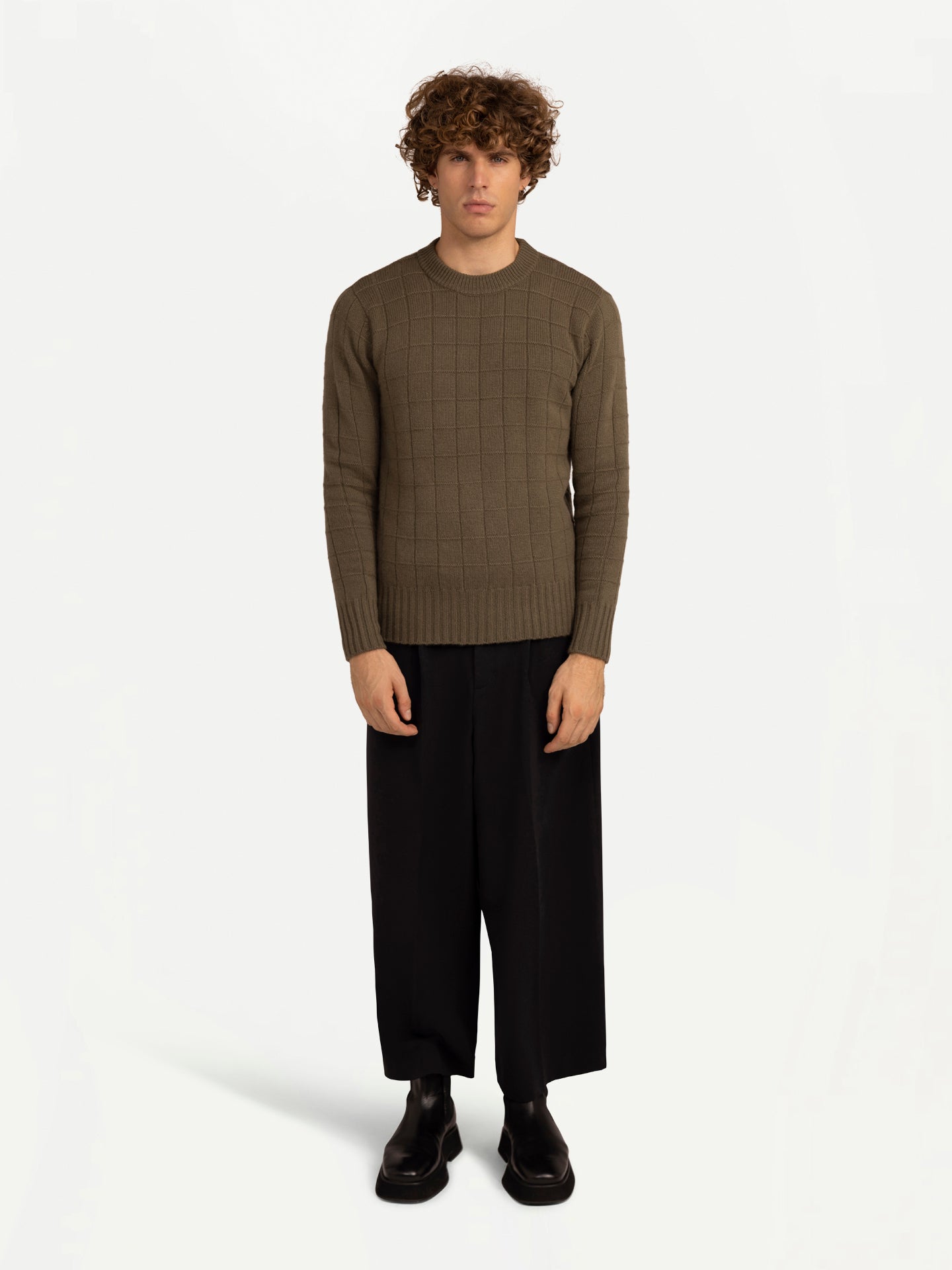 Men's Square-Patterned Cashmere Sweater Burnt Olive - Gobi Cashmere