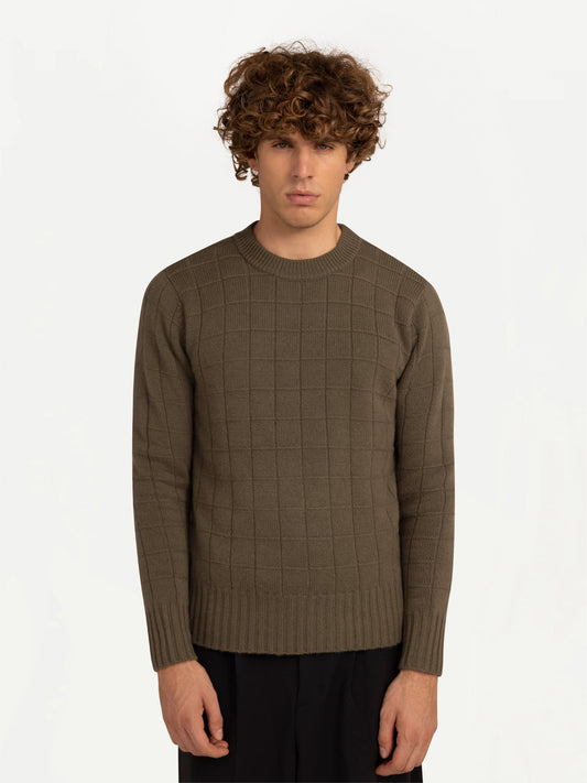Men's Square-Patterned Cashmere Sweater Burnt Olive - Gobi Cashmere
