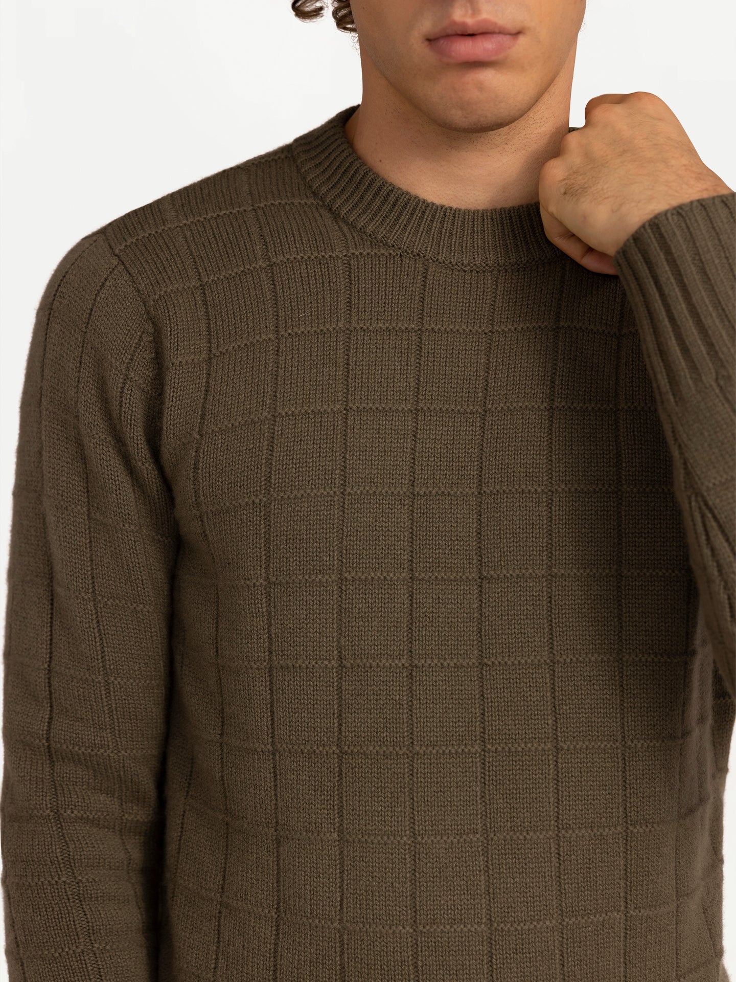 Men's Square-Patterned Cashmere Sweater Burnt Olive - Gobi Cashmere