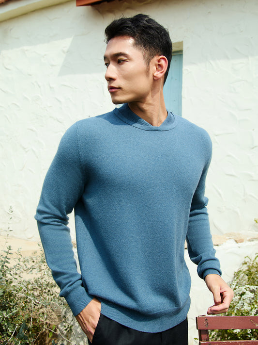 Men's Double-Neckline Cashmere Sweater China Blue - Gobi Cashmere