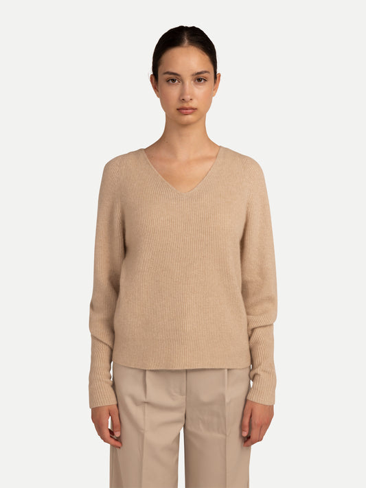 Women's Organic Colour Cashmere Bishop-sleeve V-neck Sweater Beige - Gobi Cashmere 