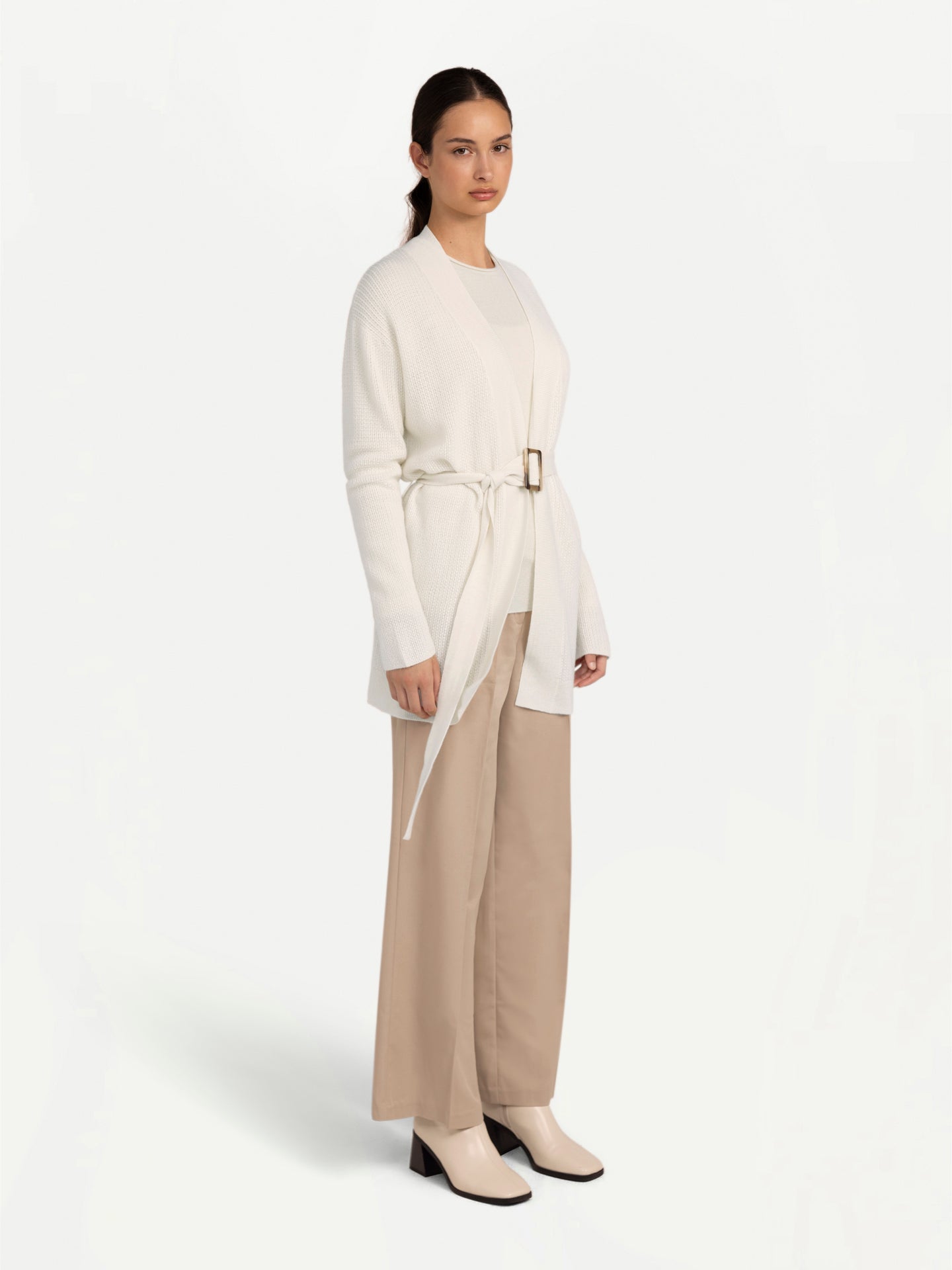 Unisex Organic Colour Belted Cashmere Cardigan Off White - Gobi Cashmere